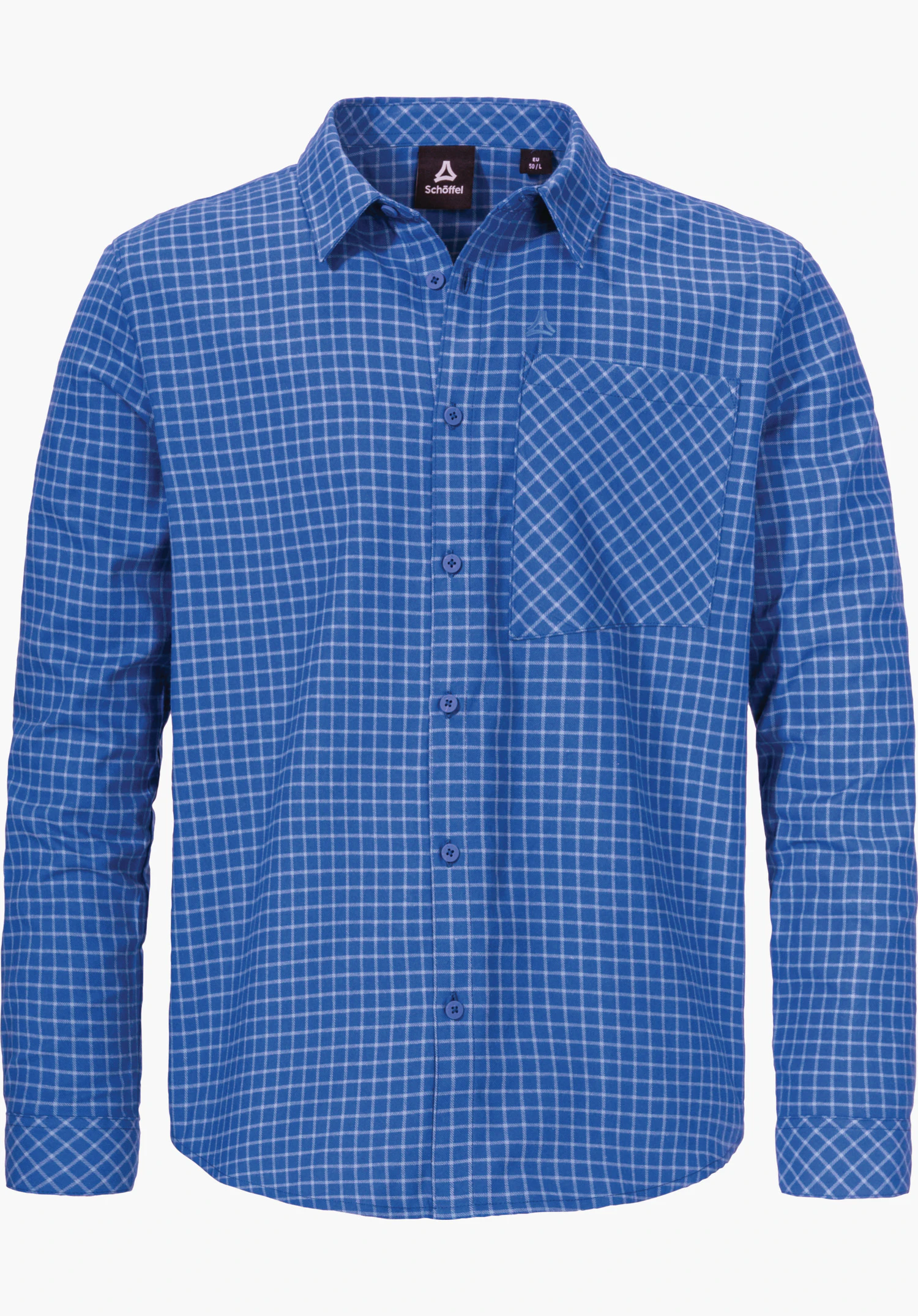 Shirt Style Boyoma MNS Blaues kariertes Langarmhemd frontal präsentiert auf weißem Hintergrund; rechte Brusttasche, durchgeknöpft, Schöffel-Logo auf Brust. Schriftzug innen am Kragen: "Schöffel".
