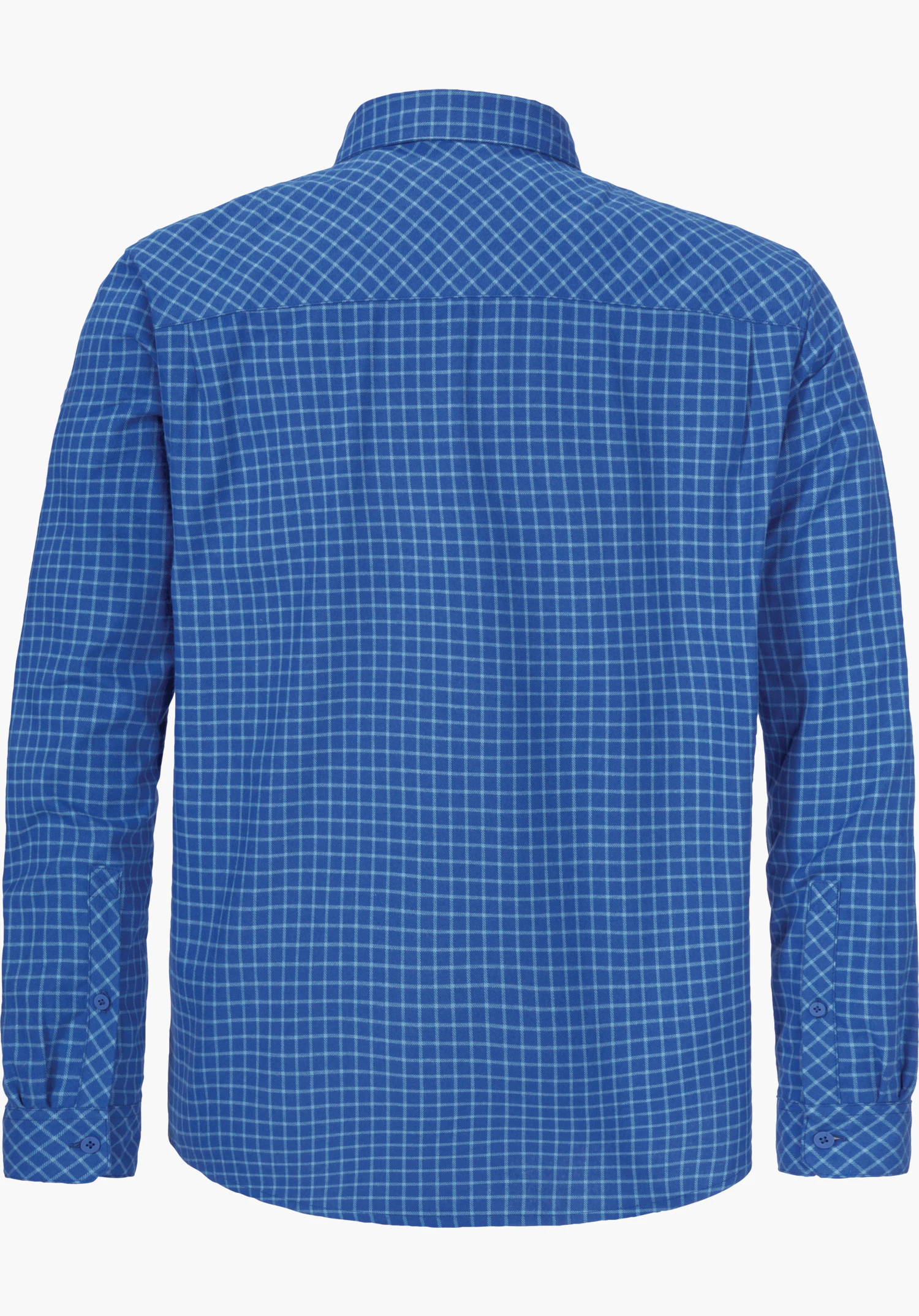 Shirt Style Boyoma MNS Hemd in blau mit hellblauen Karos, von hinten dargestellt, lange Ärmel, Kentkragen, auf weißem Hintergrund.