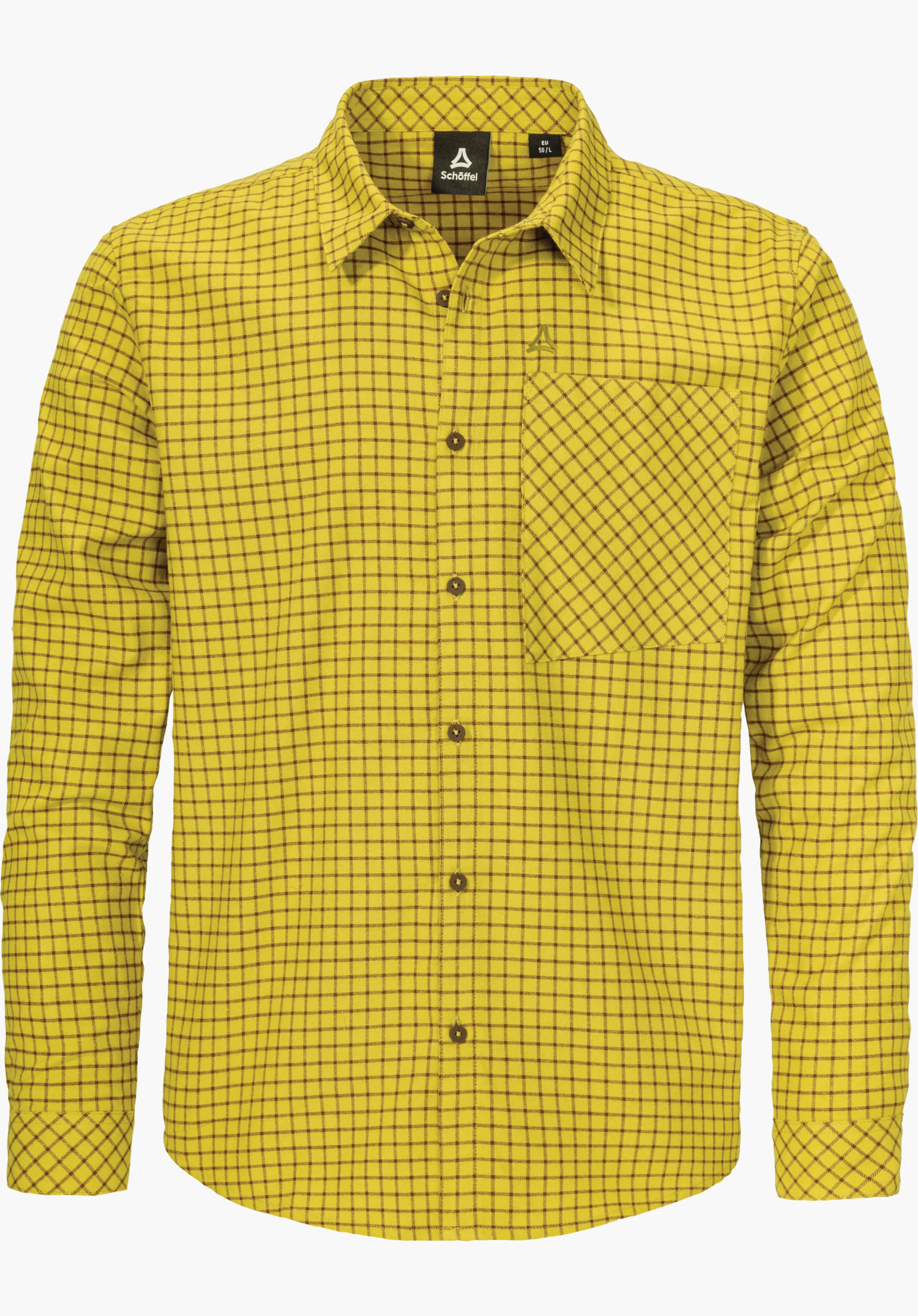 Shirt Style Boyoma MNS Gelbes kariertes Langarmhemd, mit Knopfleiste und aufgesetzter Brusttasche rechts mit Schöffel-Logo, Weißer Hintergrund.