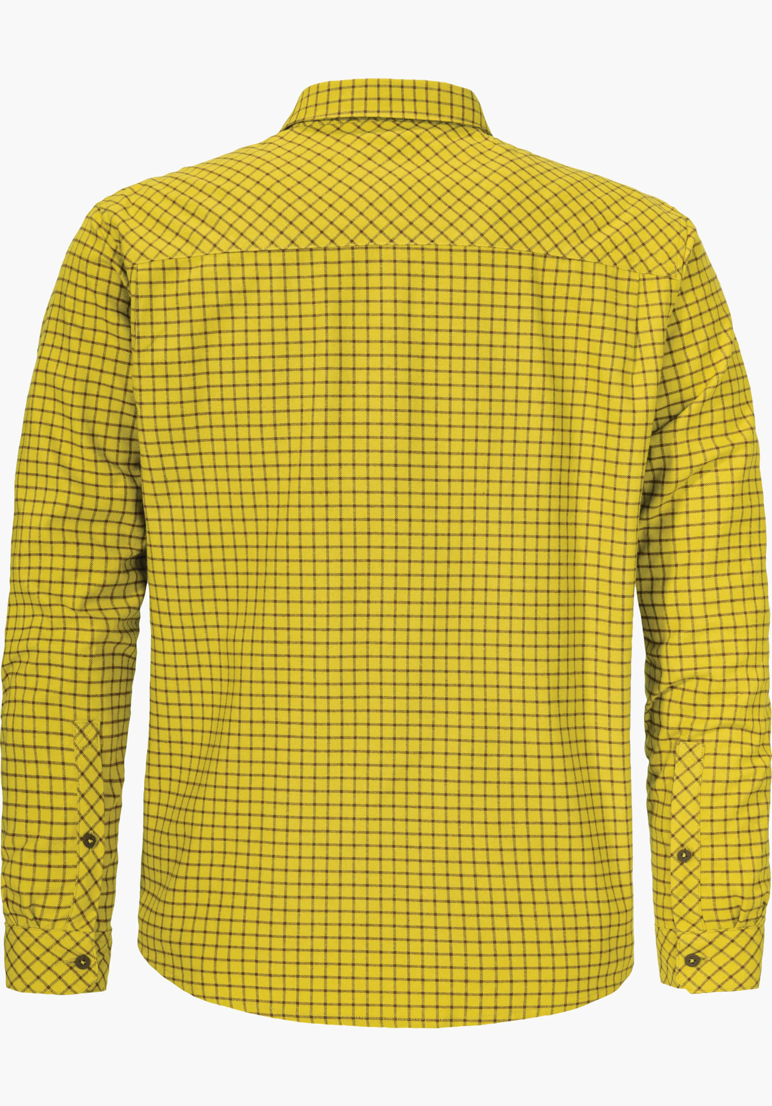 Shirt Style Boyoma MNS Hemd zeigt Rückseite, hellgelb mit schwarz kariertem Muster, langärmlig, liegt flach vor weißem Hintergrund.