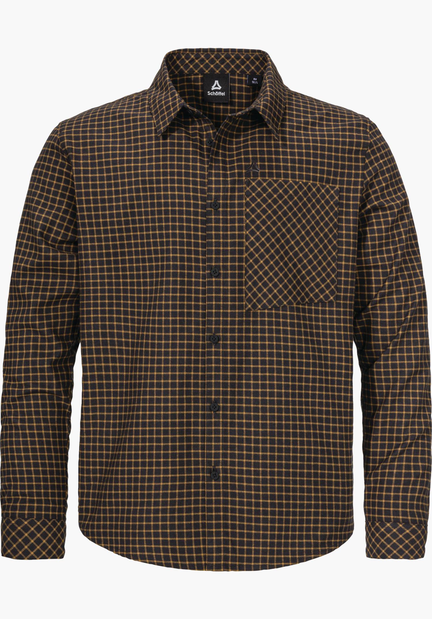 Shirt Style Boyoma MNS Hemd, geknöpft, dunkelblau mit gelbem Karomuster; aufgesetzte Brusttasche mit diagonalem Karo; Schöffel-Logo am Kragen; vor weißem Hintergrund. Schriftzug auf Etikett: "Schöffel", "EU 50 / L".
