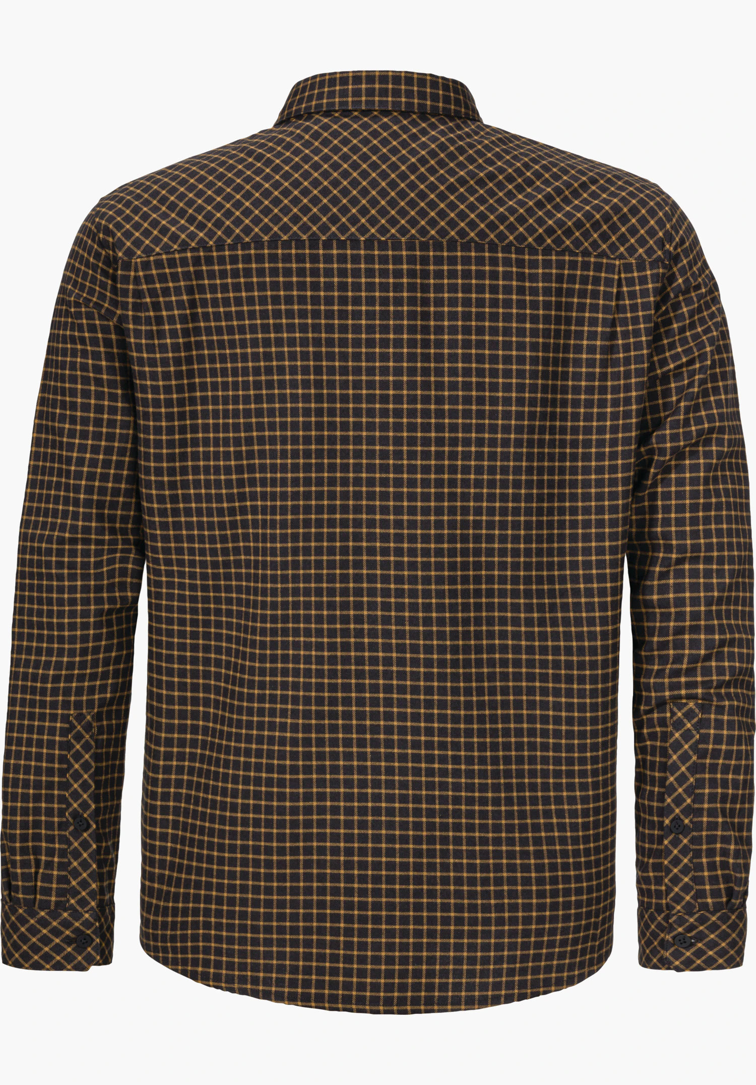 Shirt Style Boyoma MNS Schwarzes Hemd mit gelbem Karomuster, Rückansicht; Hemd liegt glatt, Ärmel lang, auf hellem Hintergrund präsentiert.