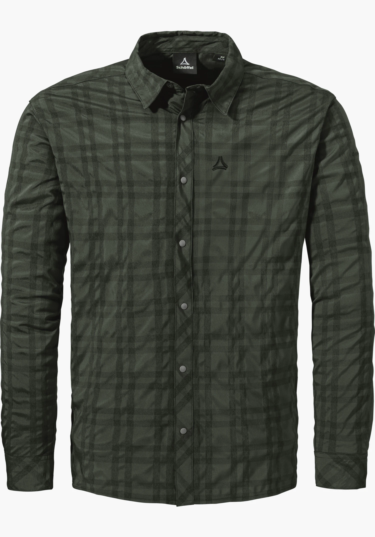 Shirt Style Yekuro MNS dark green checked long-sleeved shirt, front view with button placket and collar on a white background; Schöffel logo on the chest. Inner collar text: “Schöffel”.