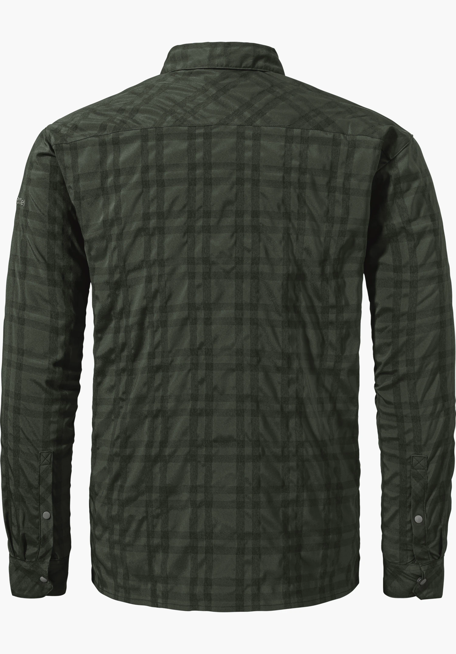 Shirt Style Yekuro MNS shirt, checked, dark green, showing the back; casually lying flat on a white background, long sleeves with cuffs and visible snap buttons.