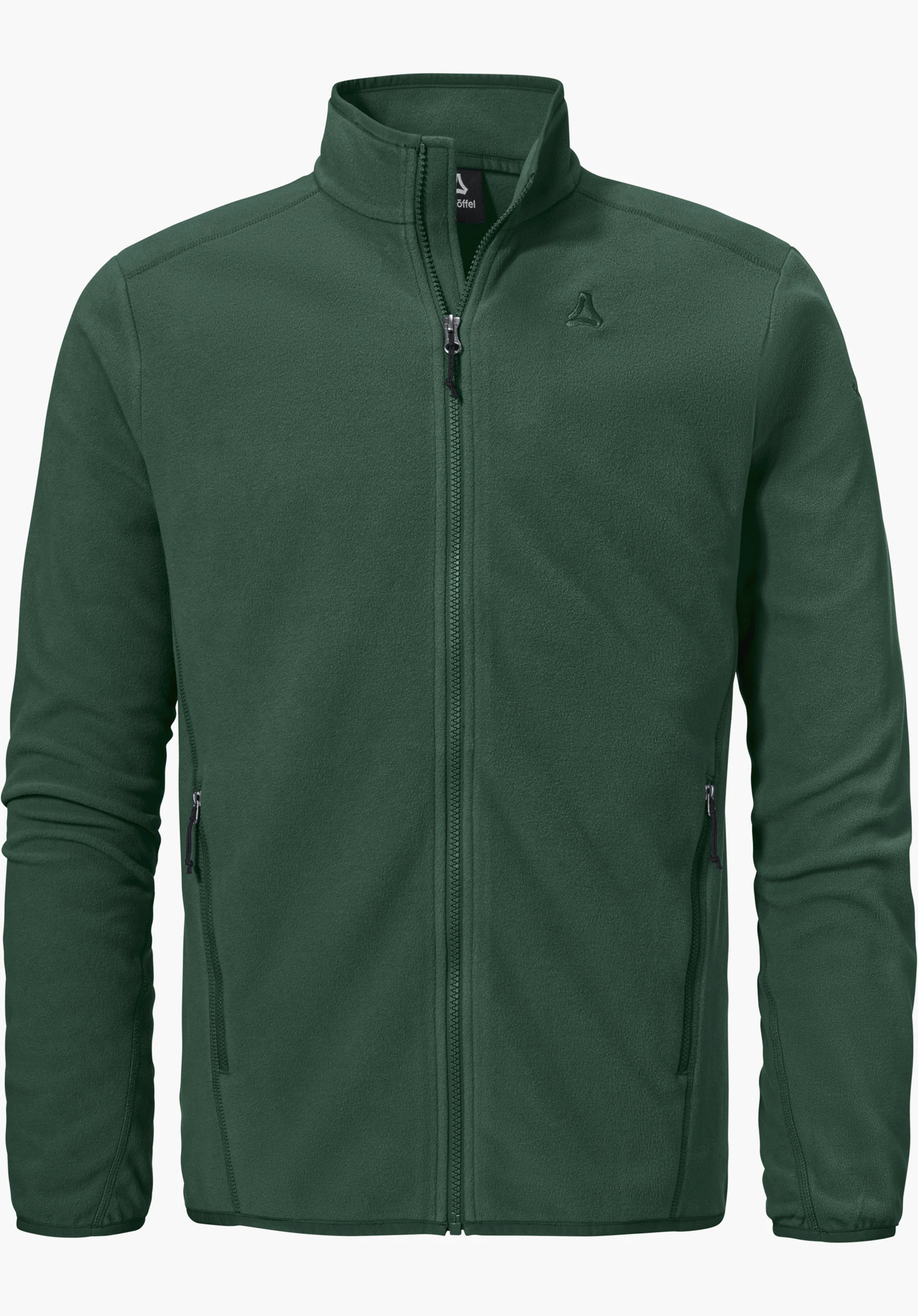 Fleece Jk Style Ash MNS comme veste polaire verte avec une fermeture éclair frontale, deux poches zippées et un logo Schöffel sur la poitrine gauche, détourée sur fond blanc.