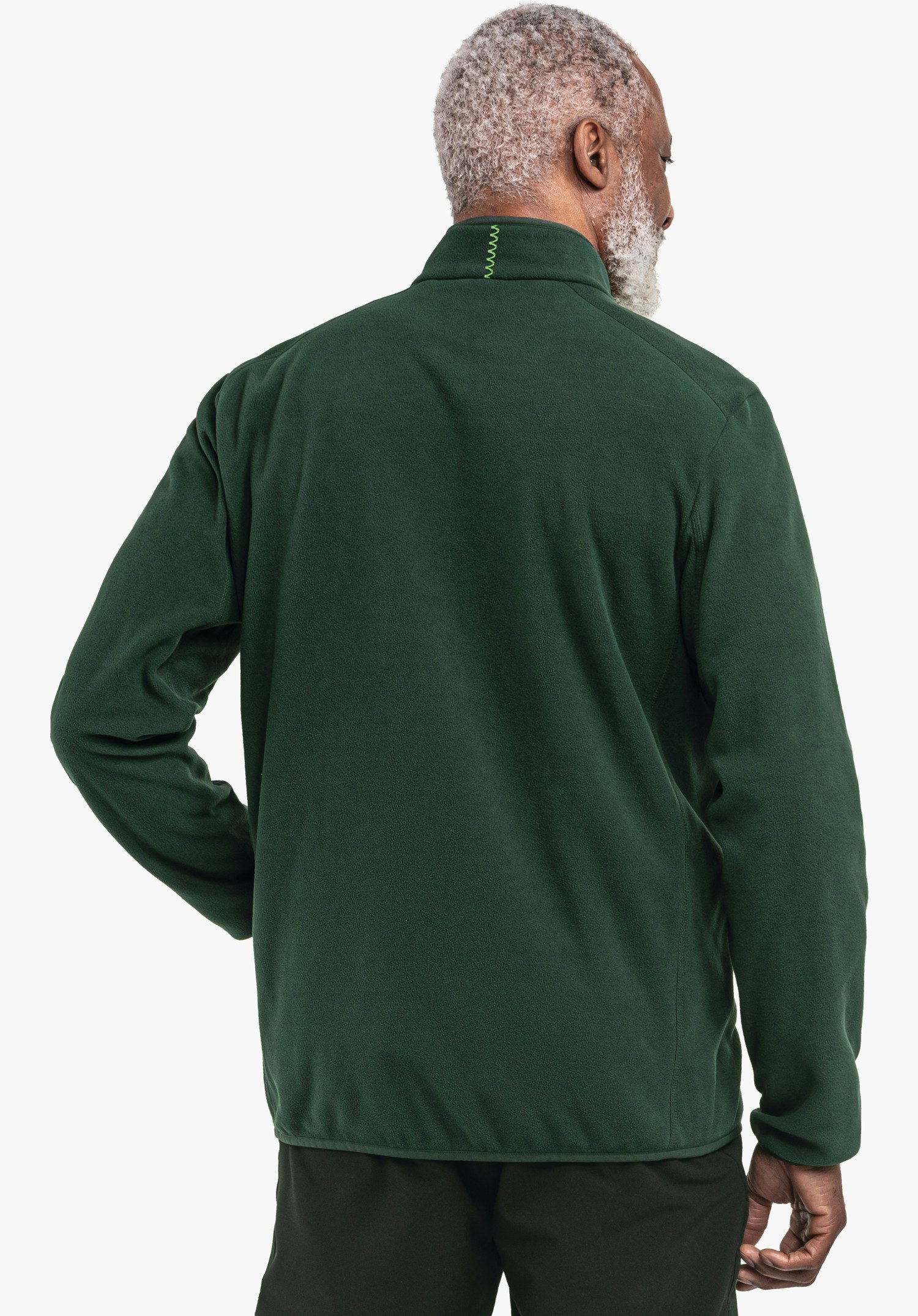Fleece Jk Style Ash MNS Jacke grün dunkel, getragen von einer Person in Rückenansicht; steht ruhig vor schlichtem Hintergrund weiß.