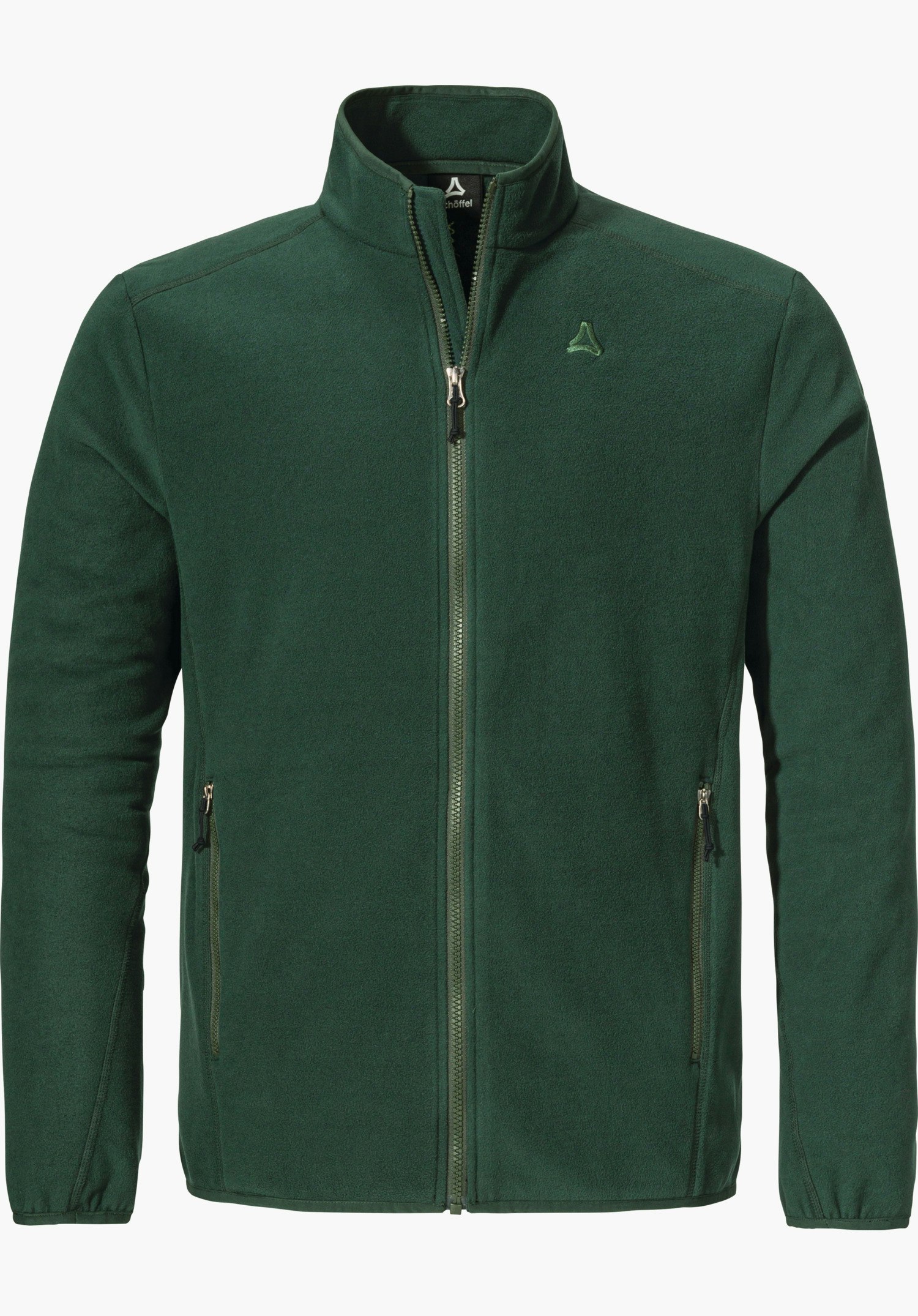 Fleece Jk Style Ash MNS Dunkelgrüne Fleecejacke mit geschlossenem Reißverschluss, zwei seitlichen Reißverschlusstaschen und Stehkragen; Schöffel-Logo auf der Brust, freigestellt vor weißem Hintergrund.