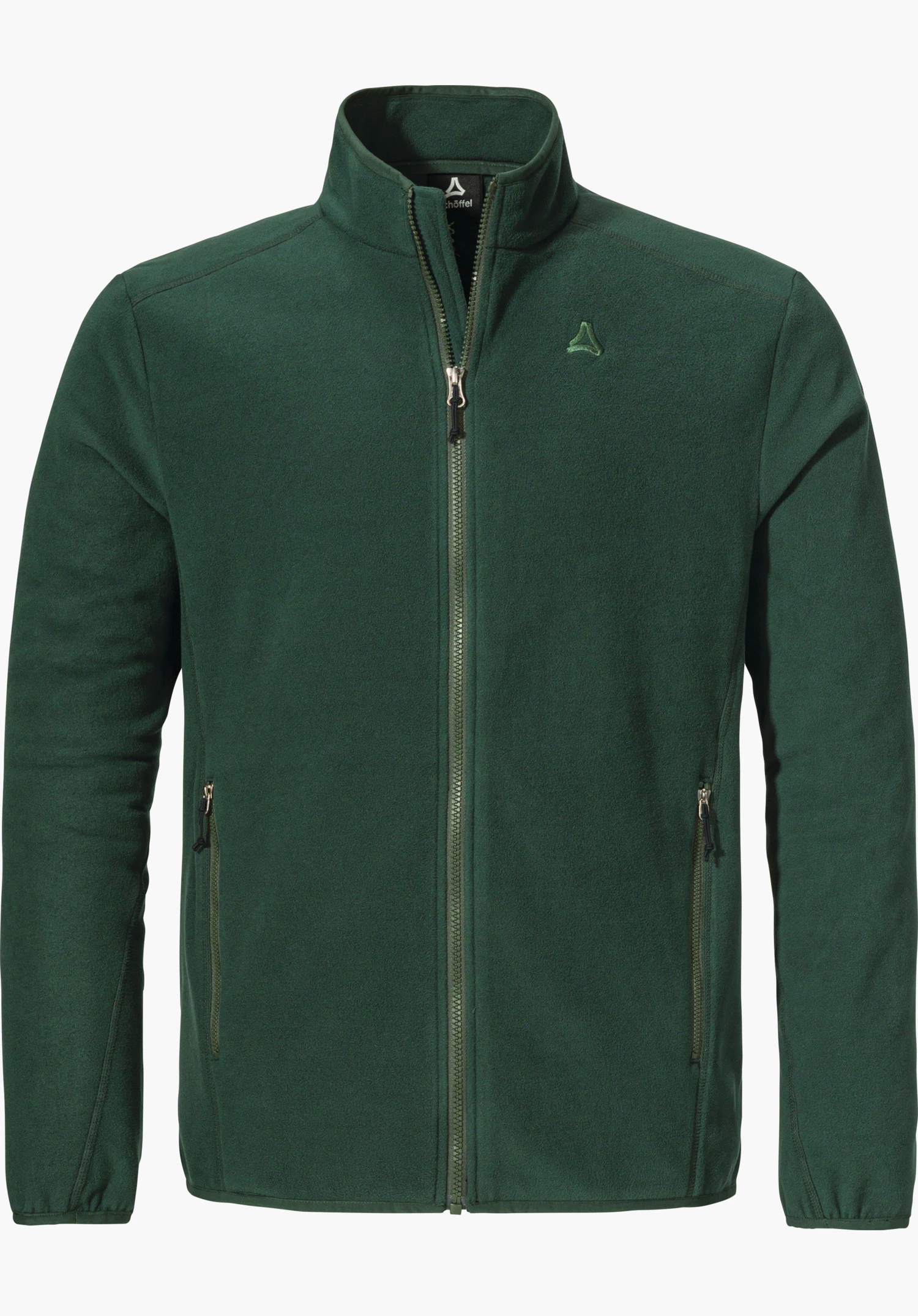 Fleece Jk Style Ash MNS dark green fleece jacket with zip closed, two side zip pockets and stand-up collar; Schöffel logo on the chest; isolated on a white background.