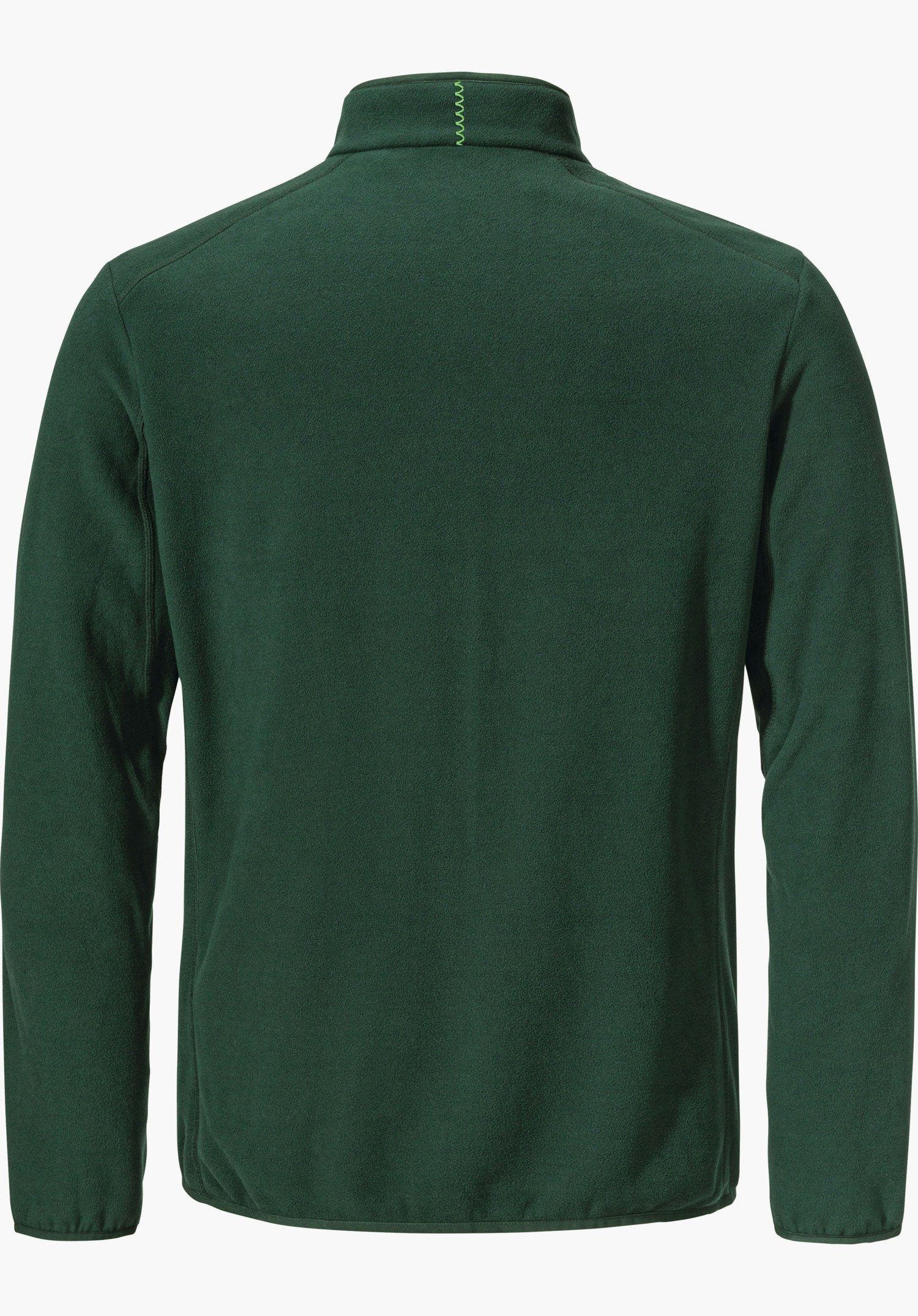 Fleece Jk Style Ash MNS dunkelgrüne Fleecejacke, rückseitig dargestellt, mit hellgrünem Zierstich am Kragen, gerader Rücken und lange Ärmel, auf weißem Hintergrund.