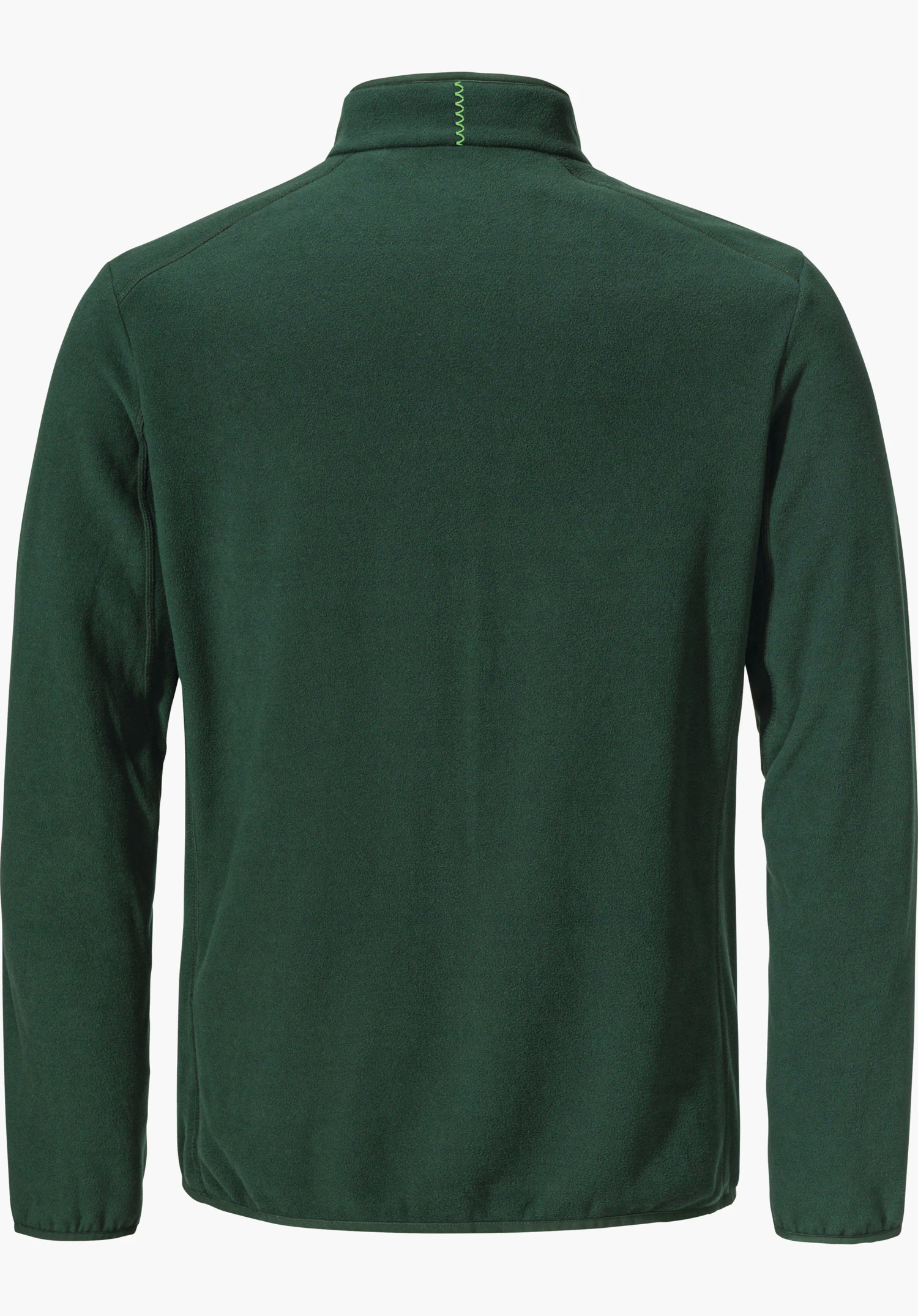 Fleece Jk Style Ash MNS dark green fleece jacket, shown from the back, with light green decorative stitch at the collar, straight back and long sleeves, on a white background.