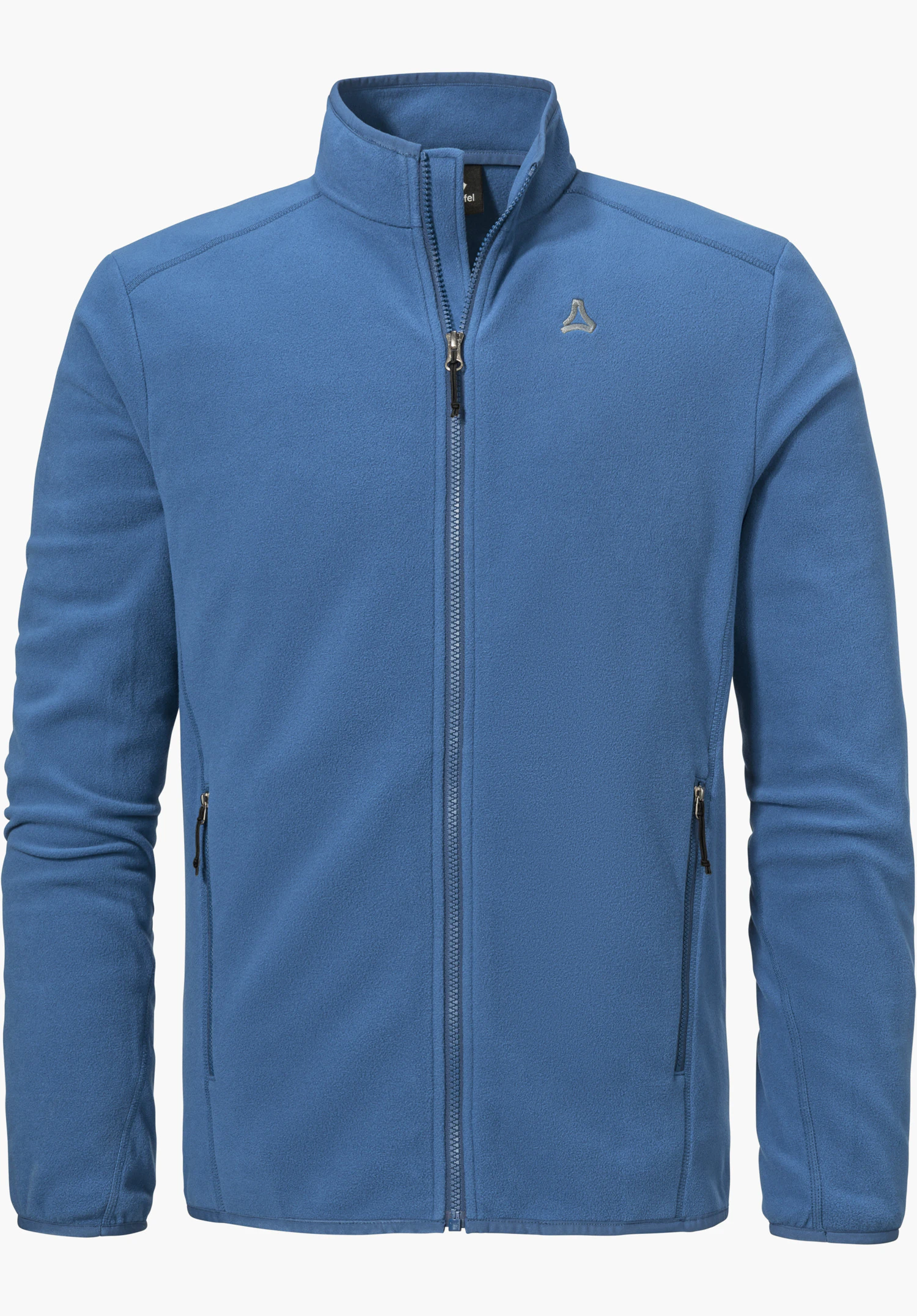 Fleece Jk Style Ash MNS sous forme de veste polaire bleue avec une fermeture éclair frontale intégrale, un col montant, deux poches latérales zippées et le logo Schöffel sur la poitrine, détouré sur fond blanc.