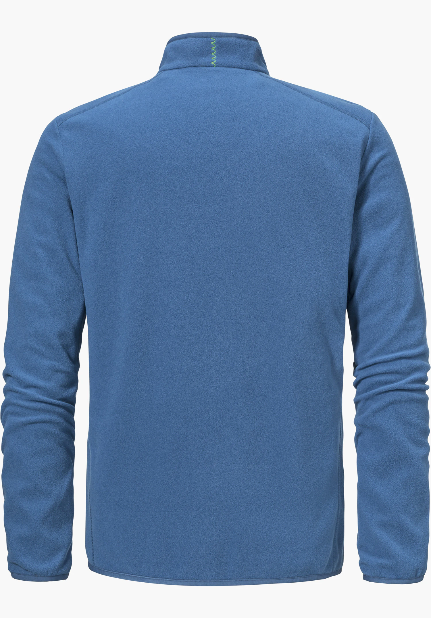 Fleece Jk Style Ash MNS en bleu présente la vue arrière de la veste en polaire avec l'élément décoratif vert caractéristique sur le col, freigestellt vor weißem Hintergrund.