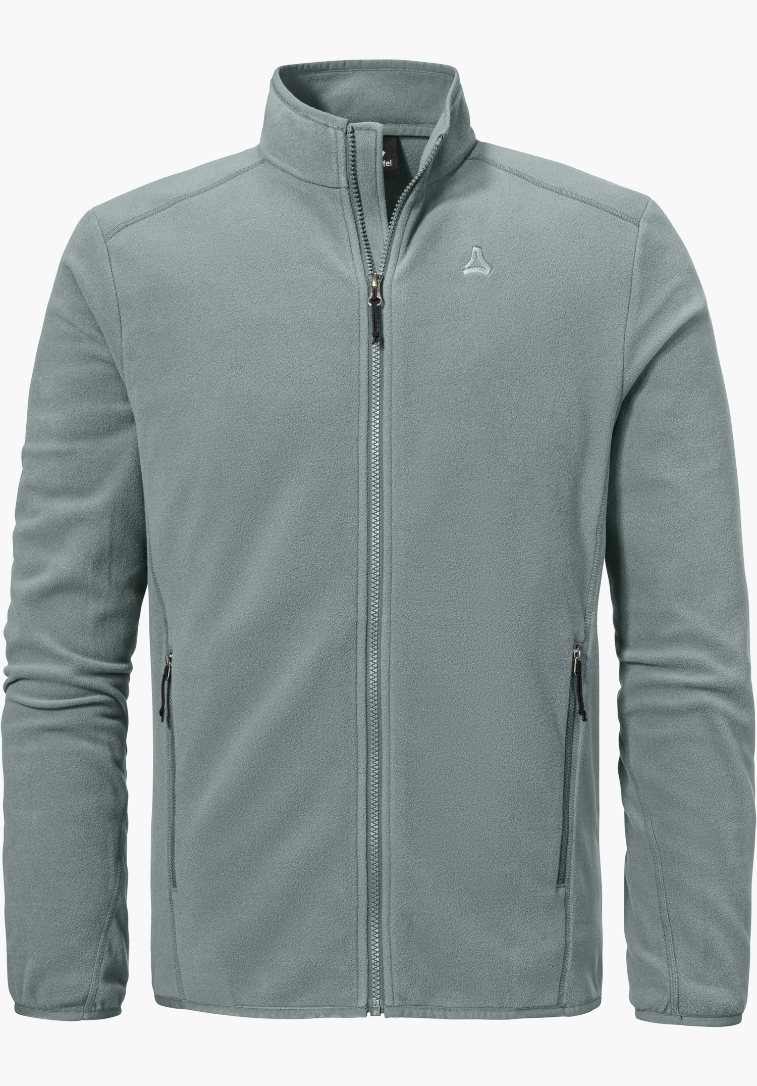 Fleece Jk Style Ash MNS als graue Fleecejacke mit durchgehendem Reißverschluss und sichtbarem Schöffel-Logo auf der linken Brust, freigestellt vor weißem Hintergrund.