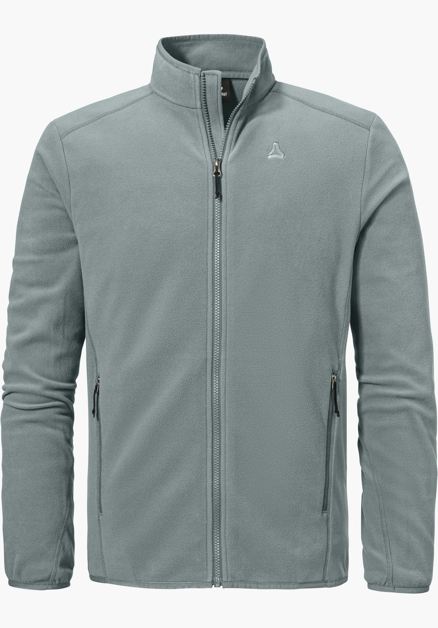 Fleece Jk Style Ash MNS as a grey fleece jacket featuring a full-length zip and the Schöffel logo on the left chest, isolated against a white background.