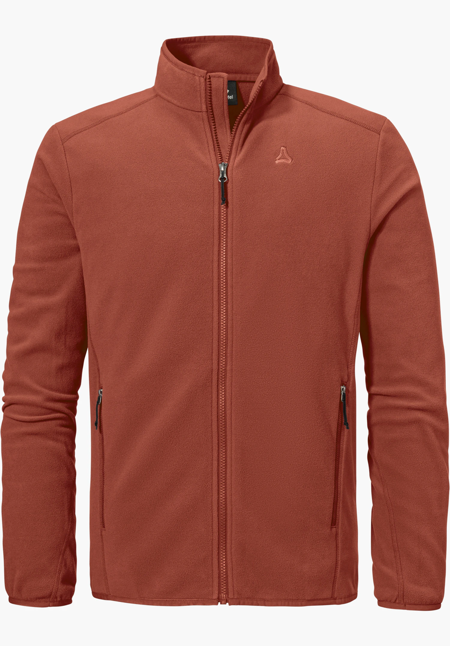Fleece Jk Style Ash MNS in red with a full-length zip, stand-up collar, two zipped side pockets and a subtle Schöffel logo on the left chest, isolated against a white background.