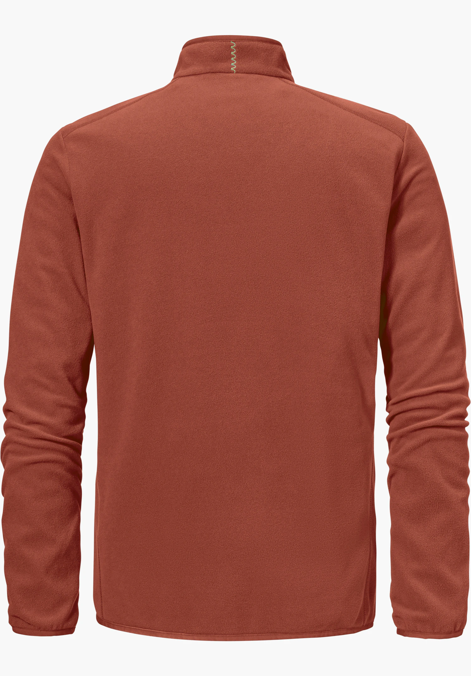 Fleece Jk Style Ash MNS in red, back view featuring a stand-up collar and green zigzag stitching at the nape, isolated against a white background.