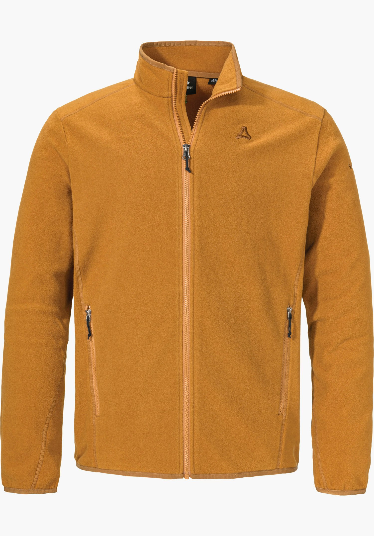 Fleece Jk Style Ash MNS Hellbraune Fleecejacke, frontal präsentiert, Reißverschluss bis zum Kragen geschlossen; Schöffel-Logo auf linker Brust, zwei Reißverschlusstaschen, neutraler weißer Hintergrund.