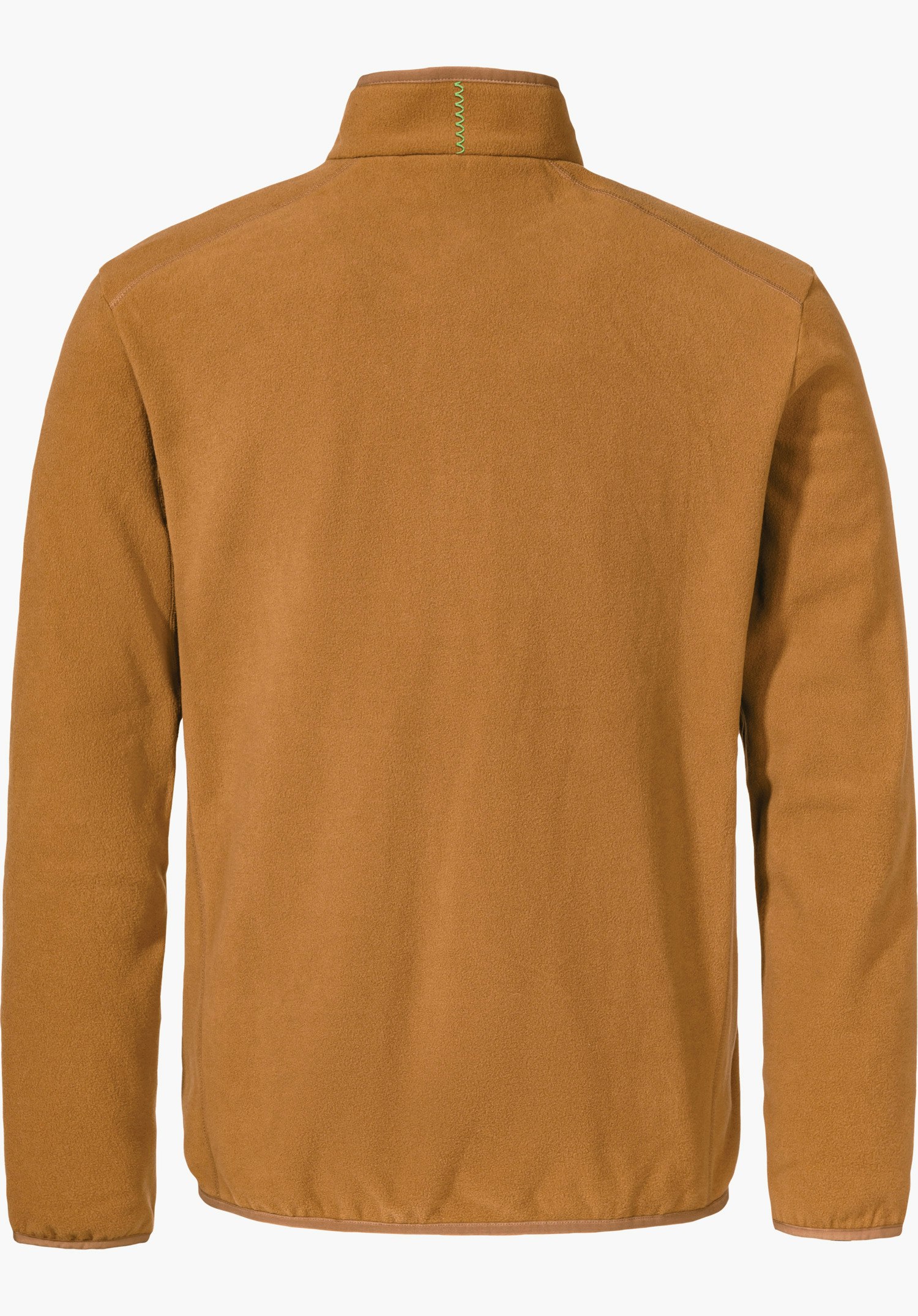 Fleece Jk Style Ash MNS Fleecejacke, Rückseite präsentiert; hellbrauner Stoff, kleiner hellgrün Zickzackstich am Kragen; lange Ärmel, glatte einfarbige Oberfläche vor weißem Hintergrund.