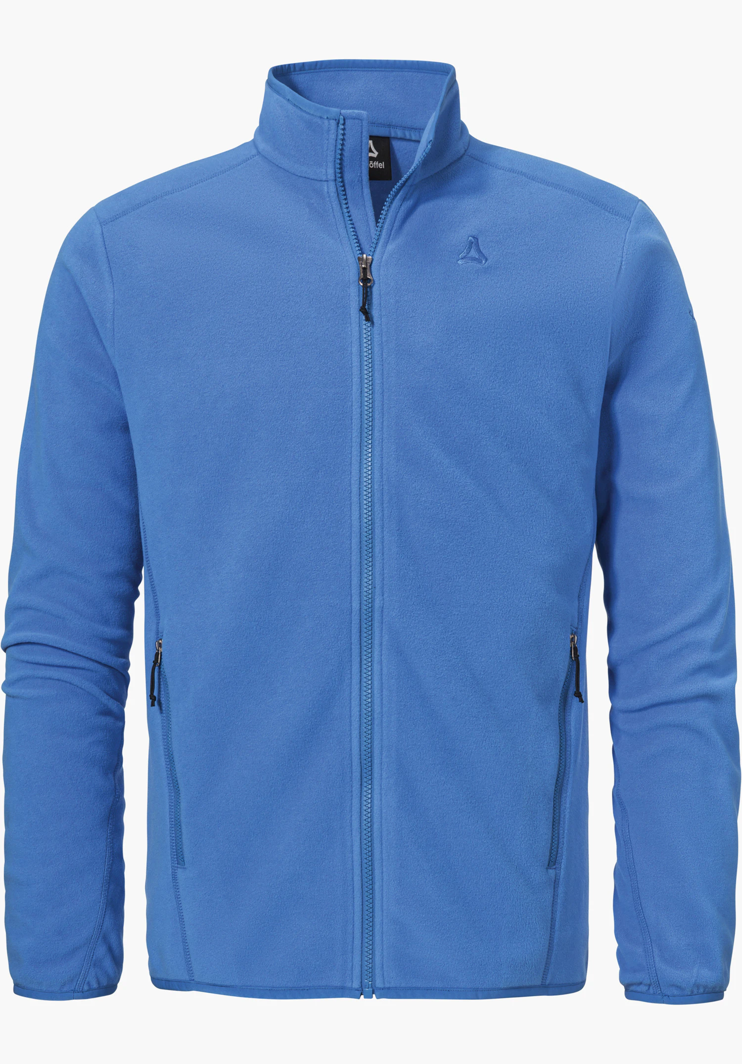 Fleece Jk Style Ash MNS as a blue fleece jacket with a full-length front zip, two side pockets and the Schöffel logo on the chest, isolated against a white background.