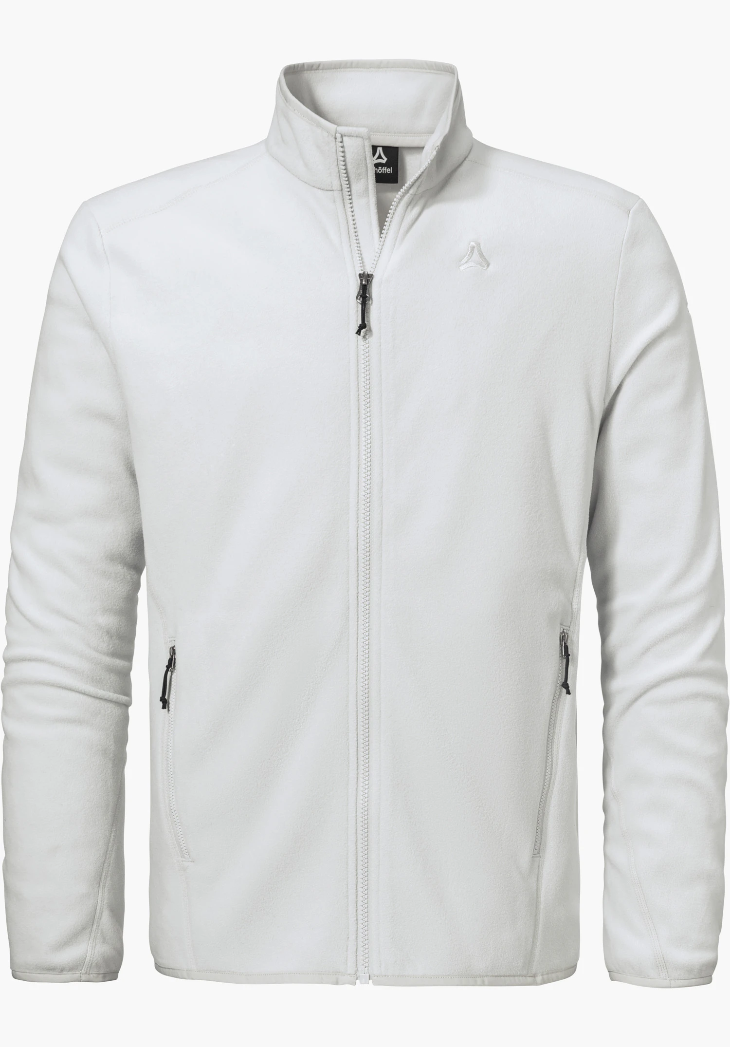 Fleece Jk Style Ash MNS as a grey fleece jacket with a full-length zip, stand-up collar and a Schöffel logo on the left chest, isolated against a white background.