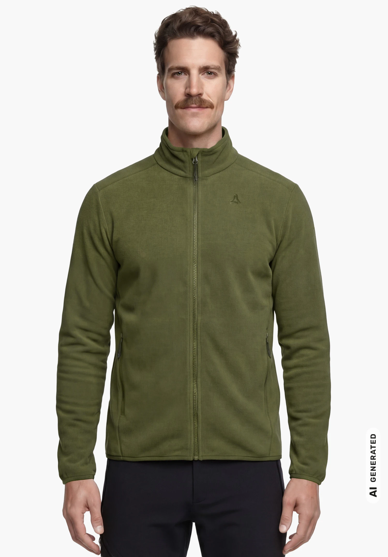 Fleece Jk Style Ash MNS in grün mit Schöffel-Logo auf der Brust, getragen von einem männlichen Model im aufrechten Stand in Frontansicht mit geschlossenem Reißverschluss vor weißem Hintergrund. (KI-generiert)