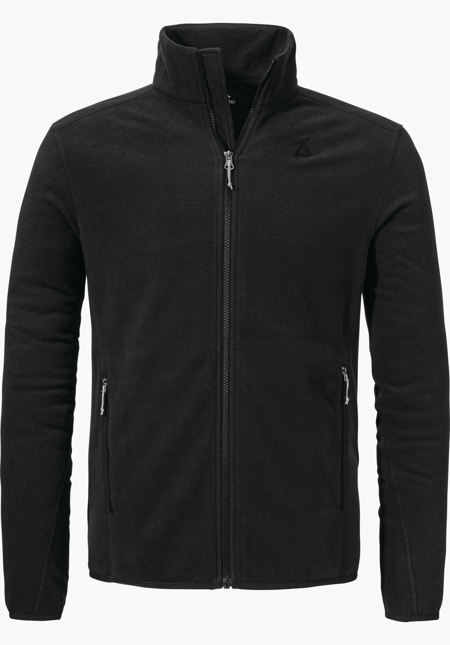 Fleece Jk Style Ash MNS Schwarze Fleecejacke, Reißverschluss geschlossen; seitliche Reißverschlusstaschen, Stehkragen, Schöffel-Logo auf linker Brust; schlichtes Design, freigestellt vor weißem Hintergrund.