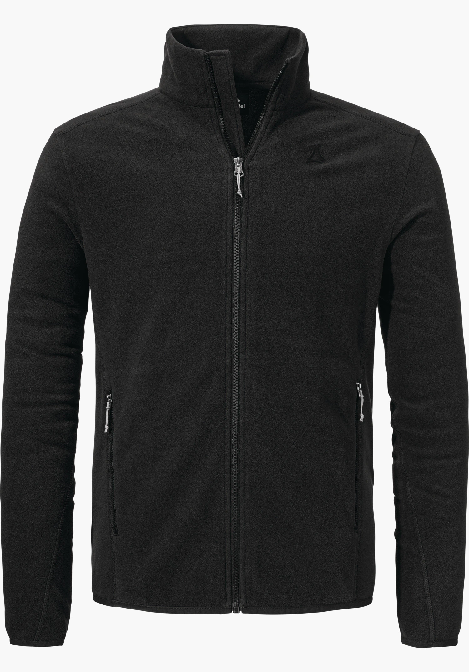 Fleece Jk Style Ash MNS black fleece jacket, zip closed; side zip pockets, stand-up collar, Schöffel logo on the left chest; plain design, isolated on a white background.