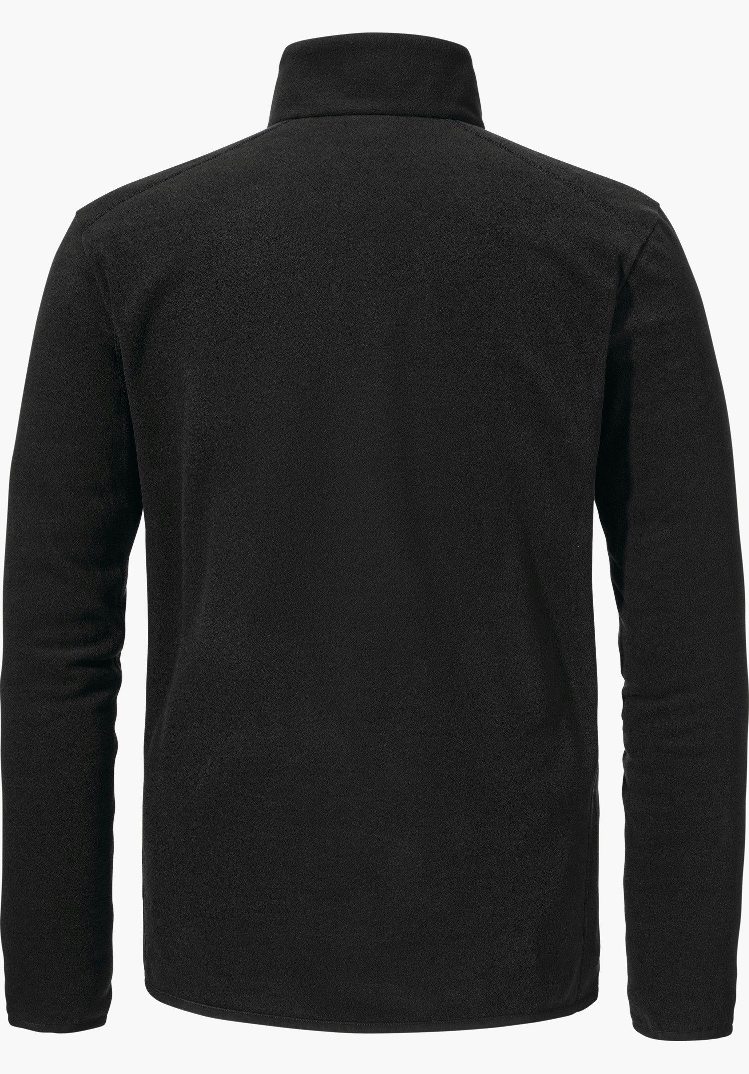 Fleece Jk Style Ash MNS schwarze Fleecejacke, zeigt Rückansicht mit hohem Kragen und langen Ärmeln, vor einfarbig weißem Hintergrund.