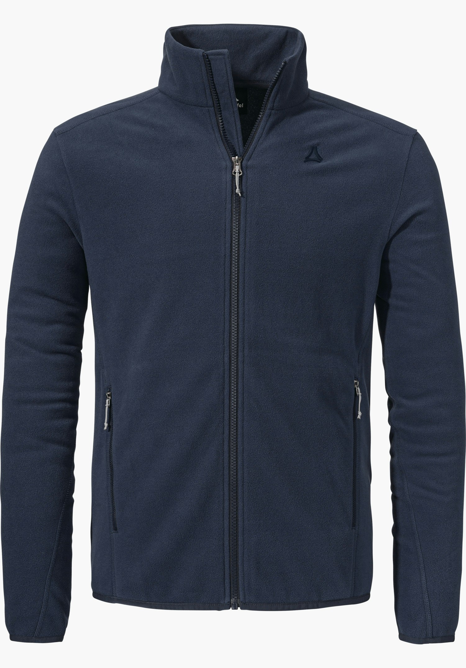 Fleece Jk Style Ash MNS Dunkelblaue Fleecejacke mit durchgehendem Reißverschluss, geschlossen; Schöffel-Logo auf der linken Brust; Stehkragen, zwei seitliche Reißverschlusstaschen; freigestellt vor weißem Hintergrund.