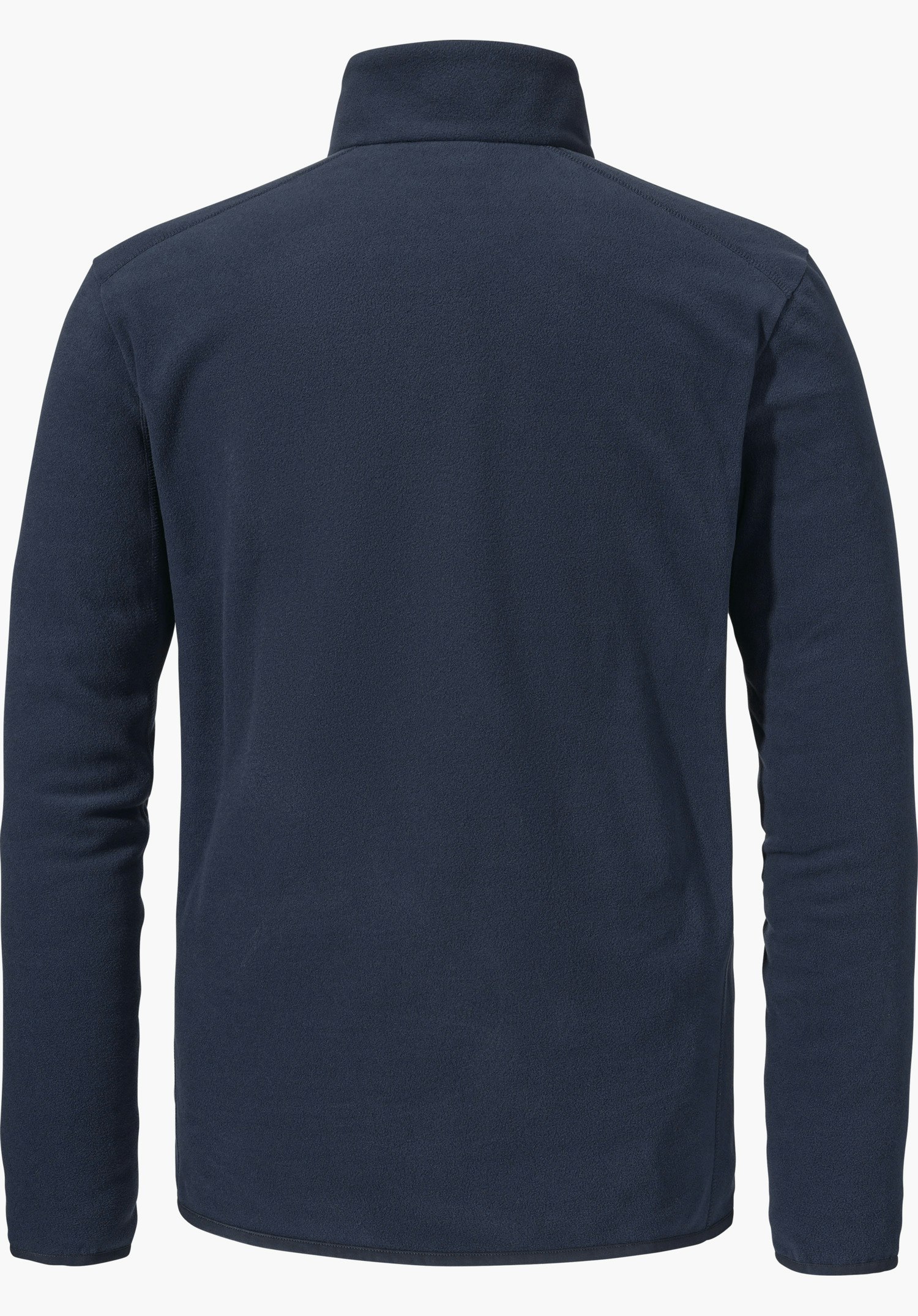 Fleece Jk Style Ash MNS dunkelblaue langärmelige Fleecejacke, zeigt die Rückansicht, liegt flach vor weißem Hintergrund; schlichter, gerader Schnitt mit Stehkragen.