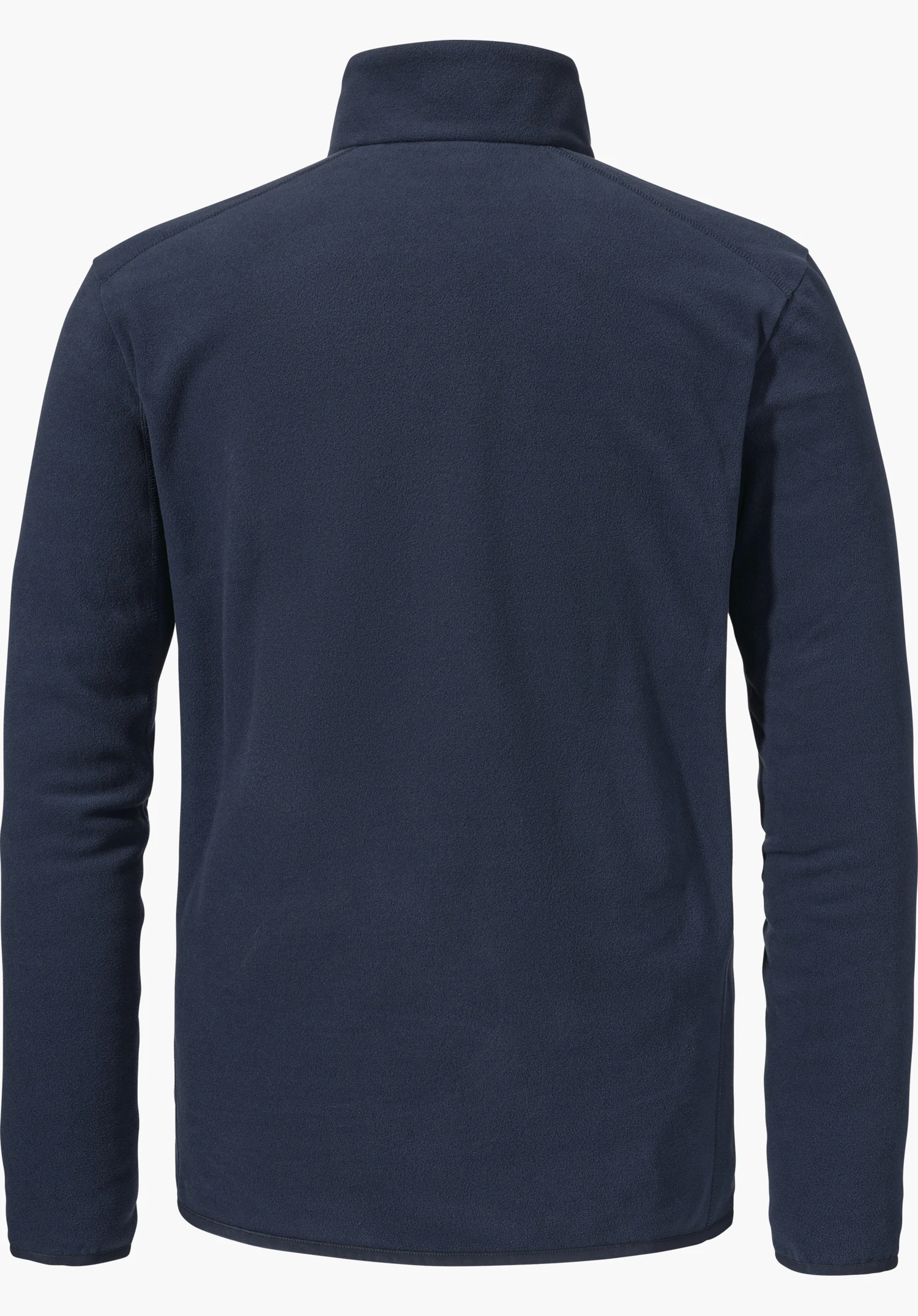 Fleece Jk Style Ash MNS dark blue long-sleeved fleece jacket, showing the rear view, laid flat on a white background; simple straight cut with stand-up collar.