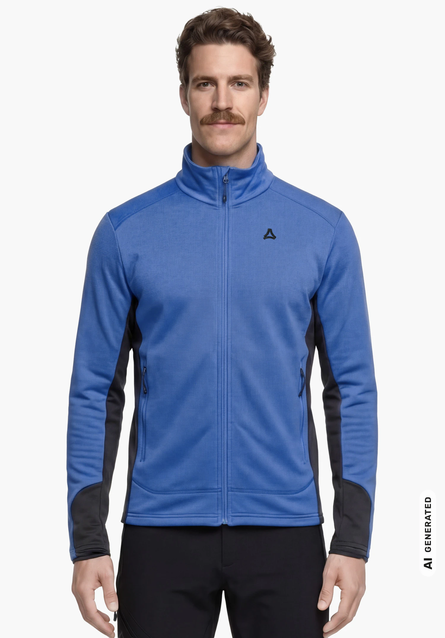 Fleece Jk Style Milagle MNS in blau mit schwarzem Schöffel-Logo, getragen von einem männlichen Model im aufrechten Stand in Frontansicht mit herabhängenden Armen vor weißem Hintergrund. (KI-generiert)