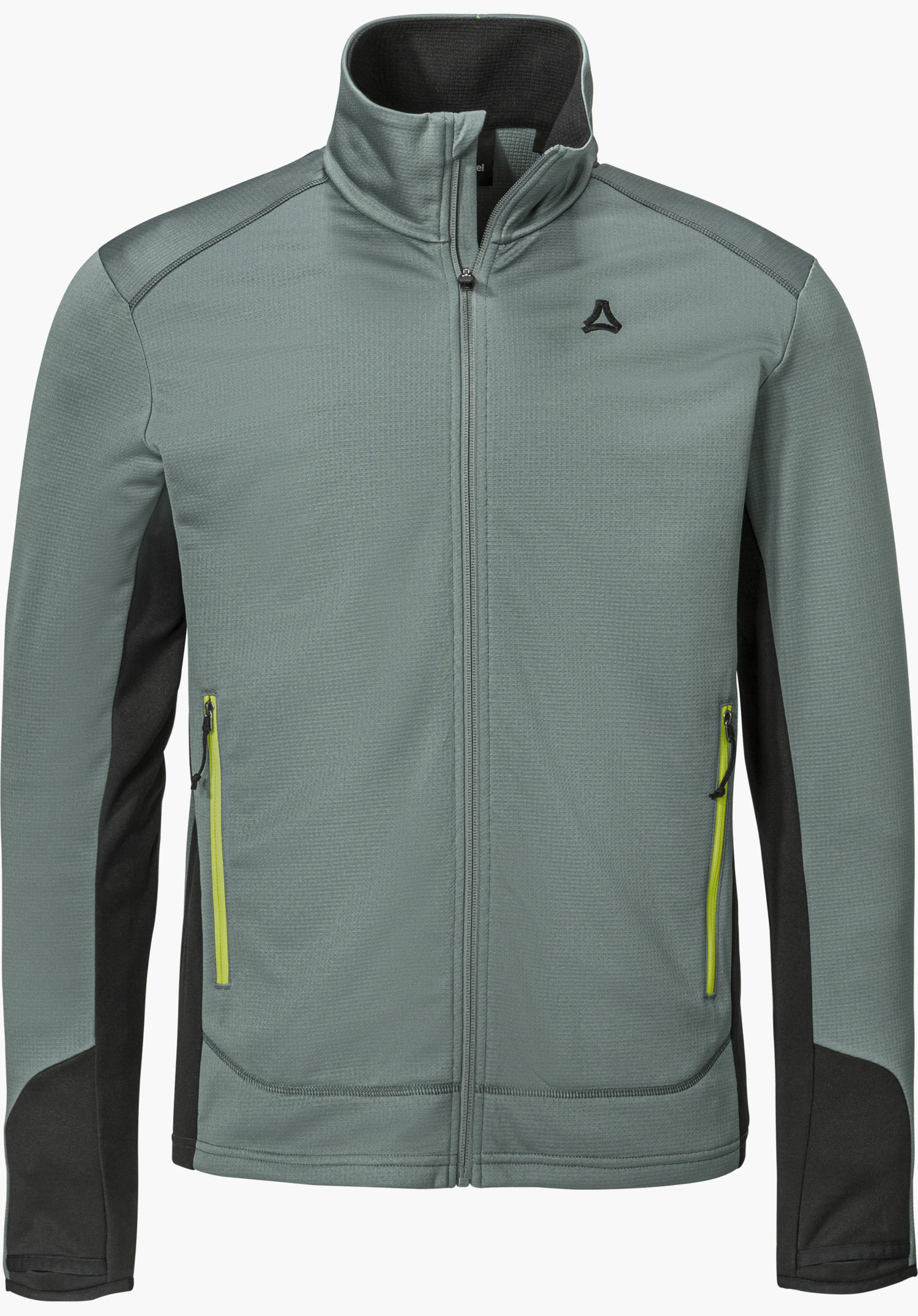 Fleece Jk Style Milagle MNS in grau mit Stehkragen, durchgehendem Reißverschluss, kontrastierenden schwarzen Einsätzen an den Seiten, neongrünen Reißverschlusstaschen und einem schwarzen Schöffel-Logo auf der Brust, freigestellt vor weißem Hintergrund.