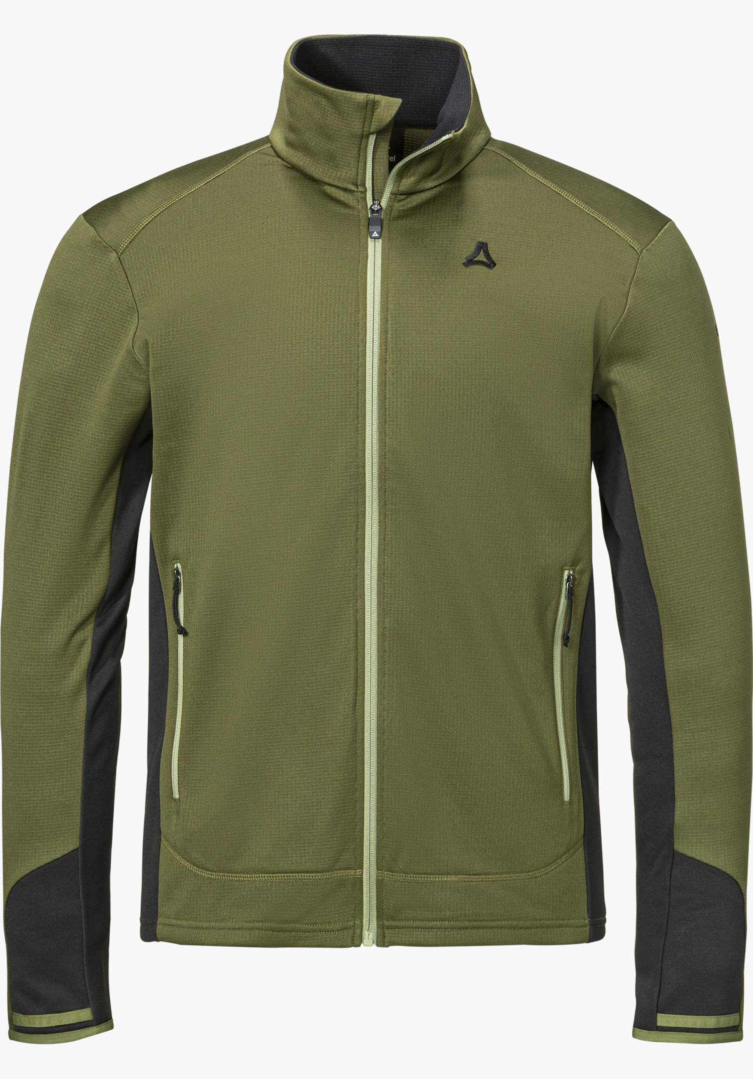 Fleece Jk Style Milagle MNS in grün mit Stehkragen, durchgehendem Reißverschluss, zwei seitlichen Taschen mit Reißverschluss, kontrastierenden schwarzen Einsätzen an den Seiten und einem schwarzen Schöffel-Logo auf der Brust, freigestellt vor weißem Hintergrund.