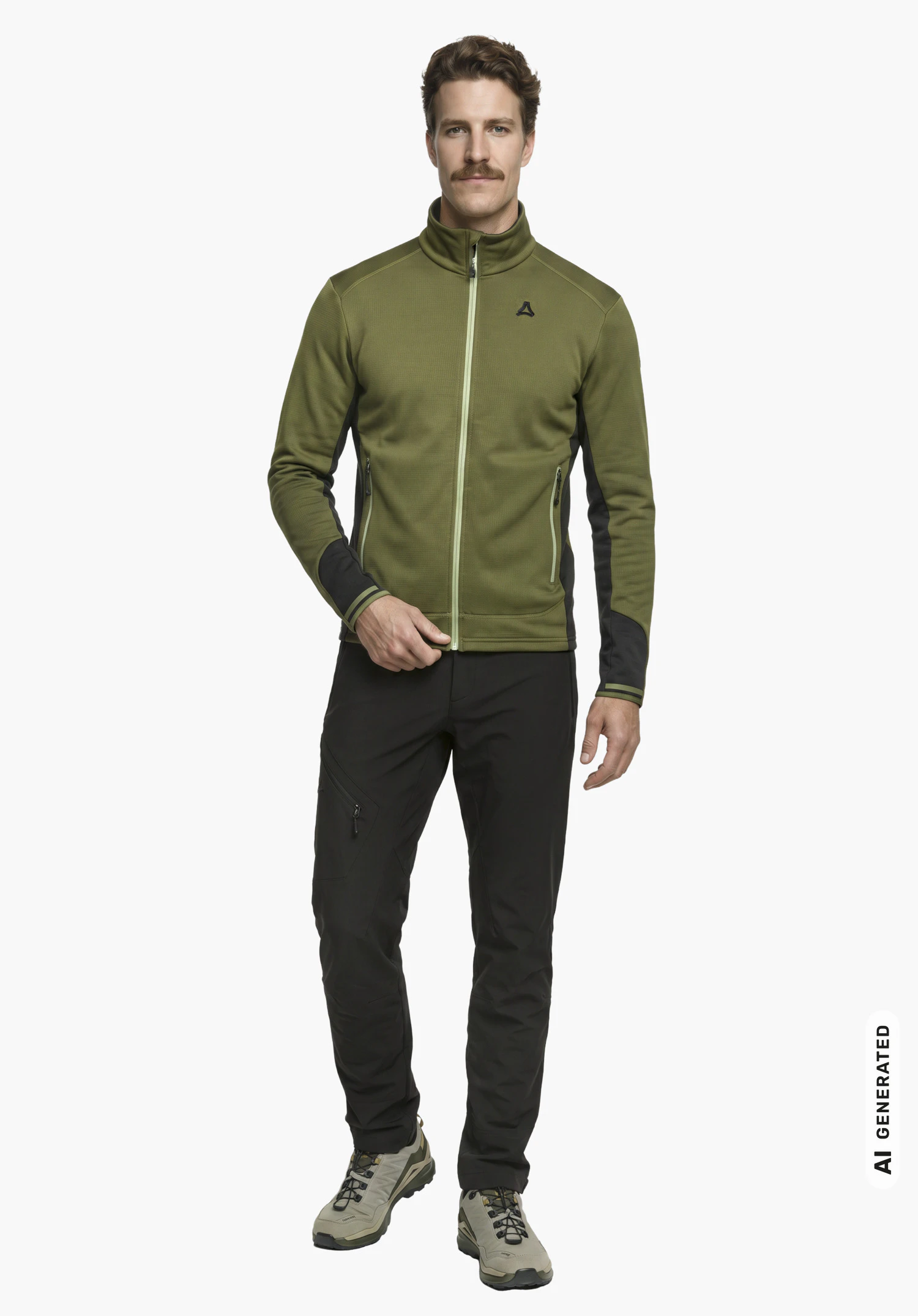 Fleece Jk Style Milagle MNS in green with Schöffel logo, worn by a male model standing upright with a slightly turned upper body in a side view against a white background. (AI-generated)