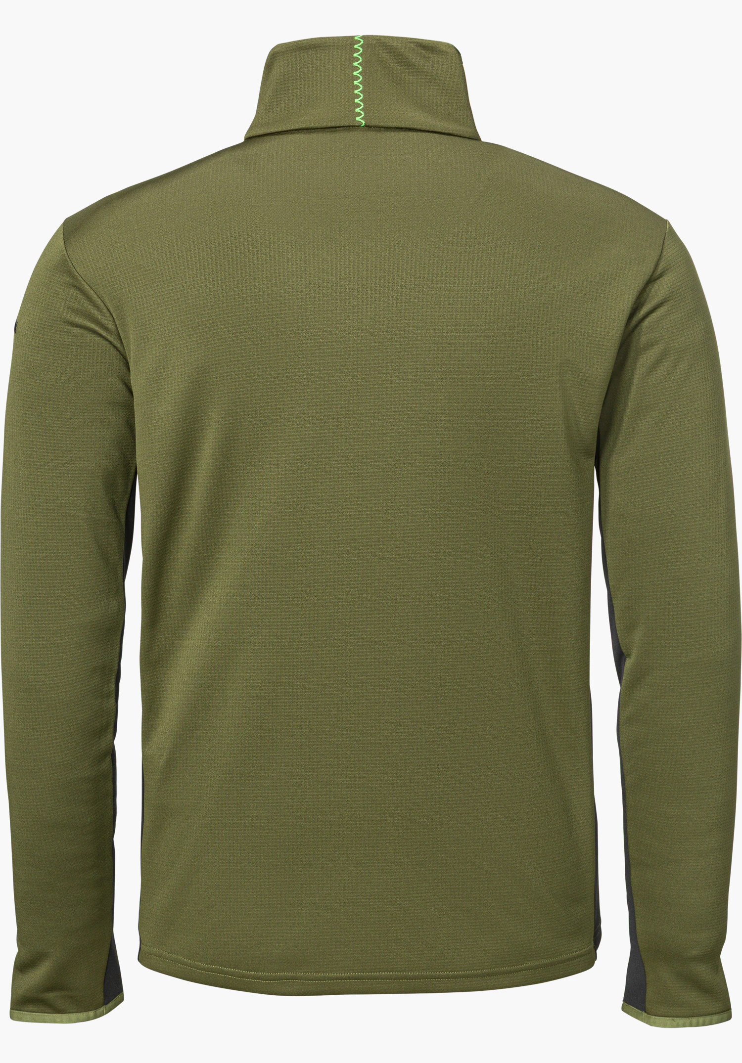 Fleece Jk Style Milagle MNS in green, shown from the back with a stand-up collar and contrasting decorative stitching, isolated on a white background.