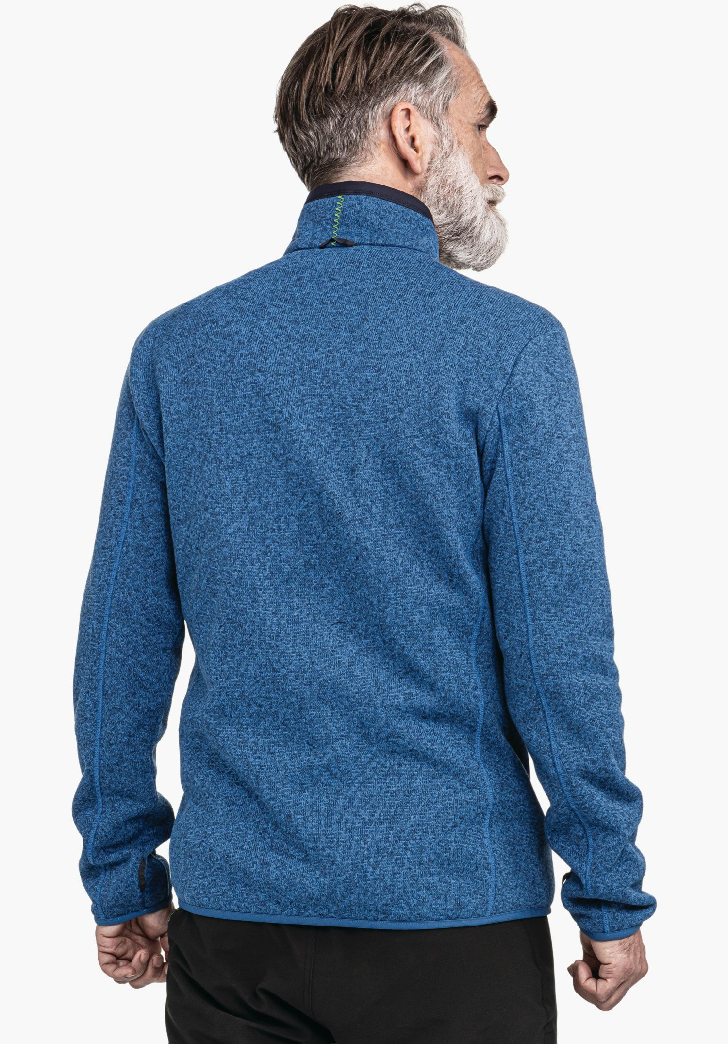 CIRC Fleece Jk Style Yew MNS hellblaue Fleecejacke, getragen von einem älteren Mann mit grauem Bart; er steht mit dem Rücken zur Kamera und blickt seitlich nach rechts; weißer, neutraler Hintergrund.