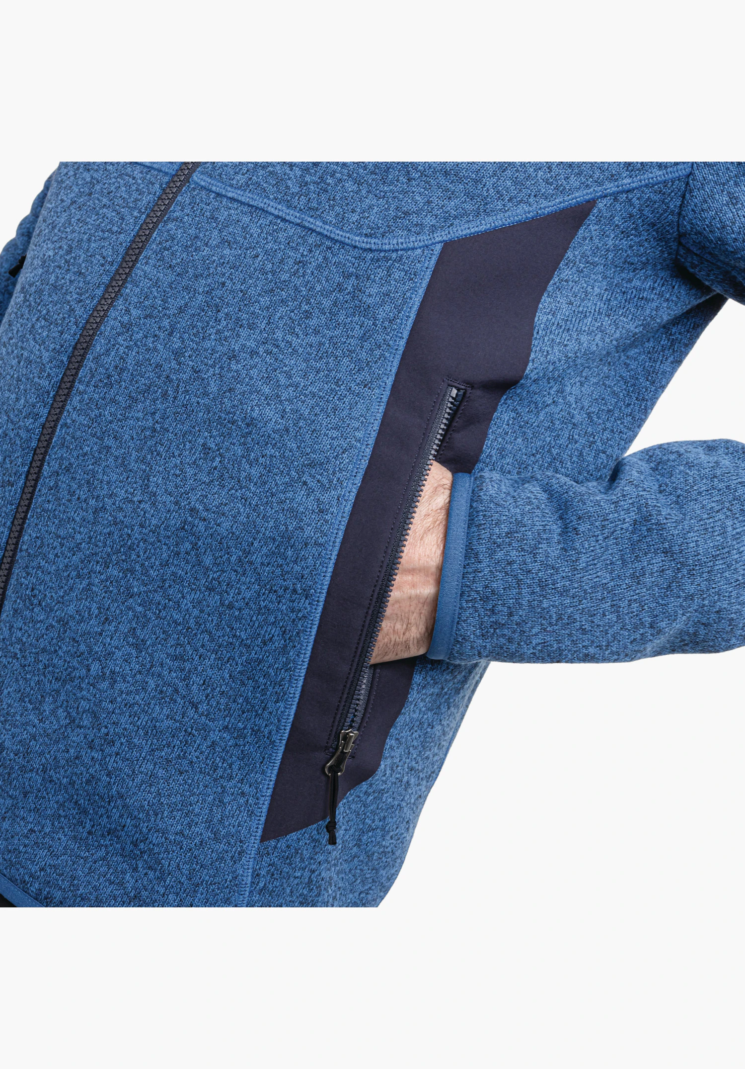 CIRC Fleece Jk Style Yew MNS features the side zip pocket with dark trim and the blue melange fleece texture, close-up shot against a white/neutral background.