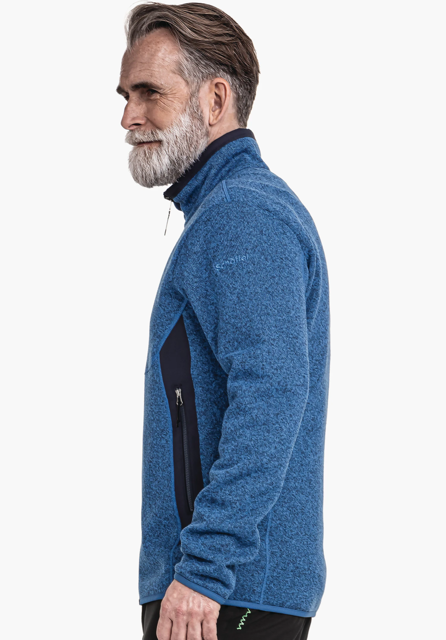 CIRC Fleece Jk Style Yew MNS light blue fleece jacket with dark blue side panel, worn by an older man with white beard, profile view in front of a white background. Text on sleeve: schöffel.