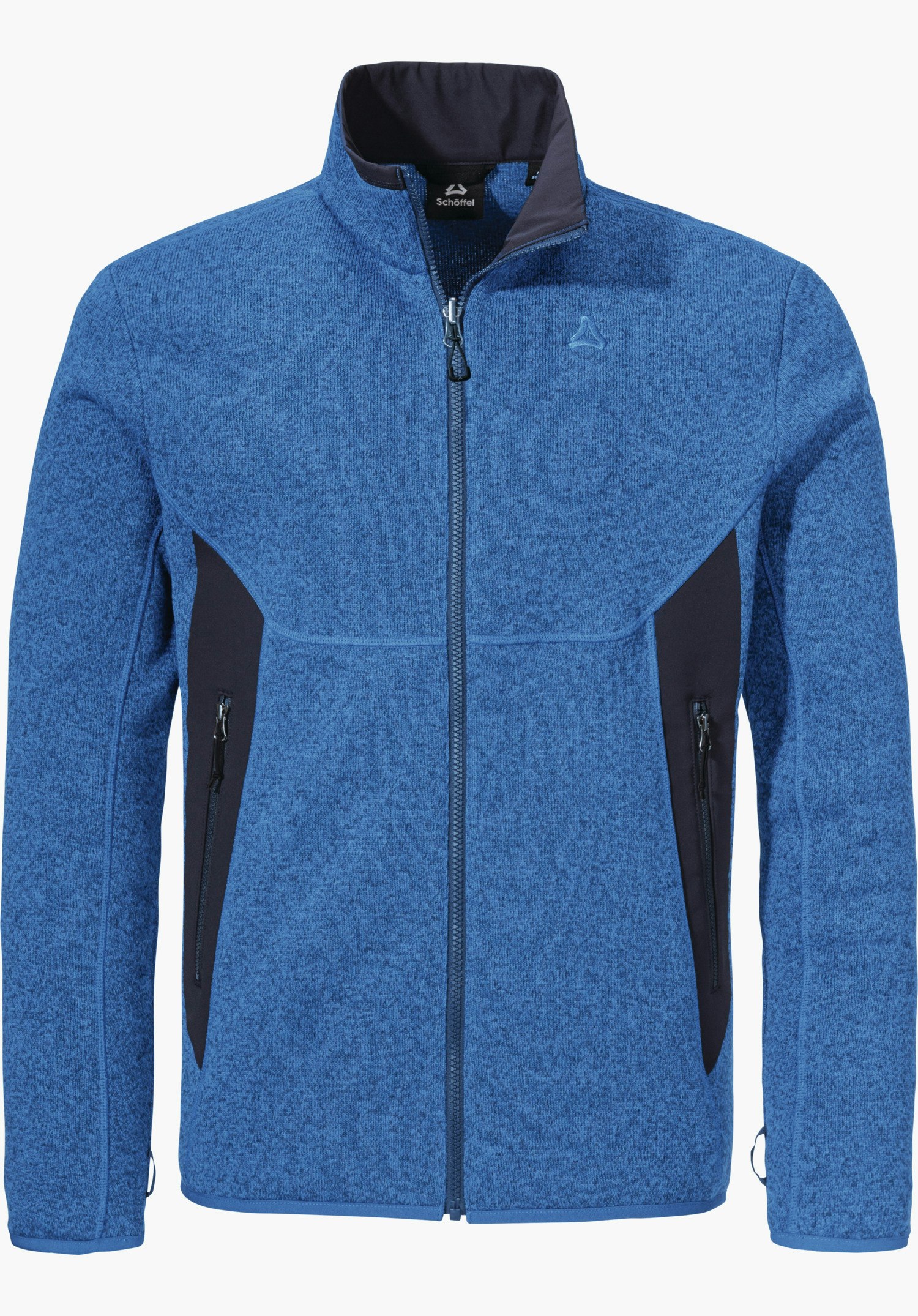CIRC Fleece Jk Style Yew MNS Fleecejacke, blau mit dunkelblauen Seiteneinsätzen, mit geschlossenem Reißverschluss; Schöffel-Logo auf der Brust, zwei seitliche Reißverschlusstaschen, freigestellt vor weißem Hintergrund.