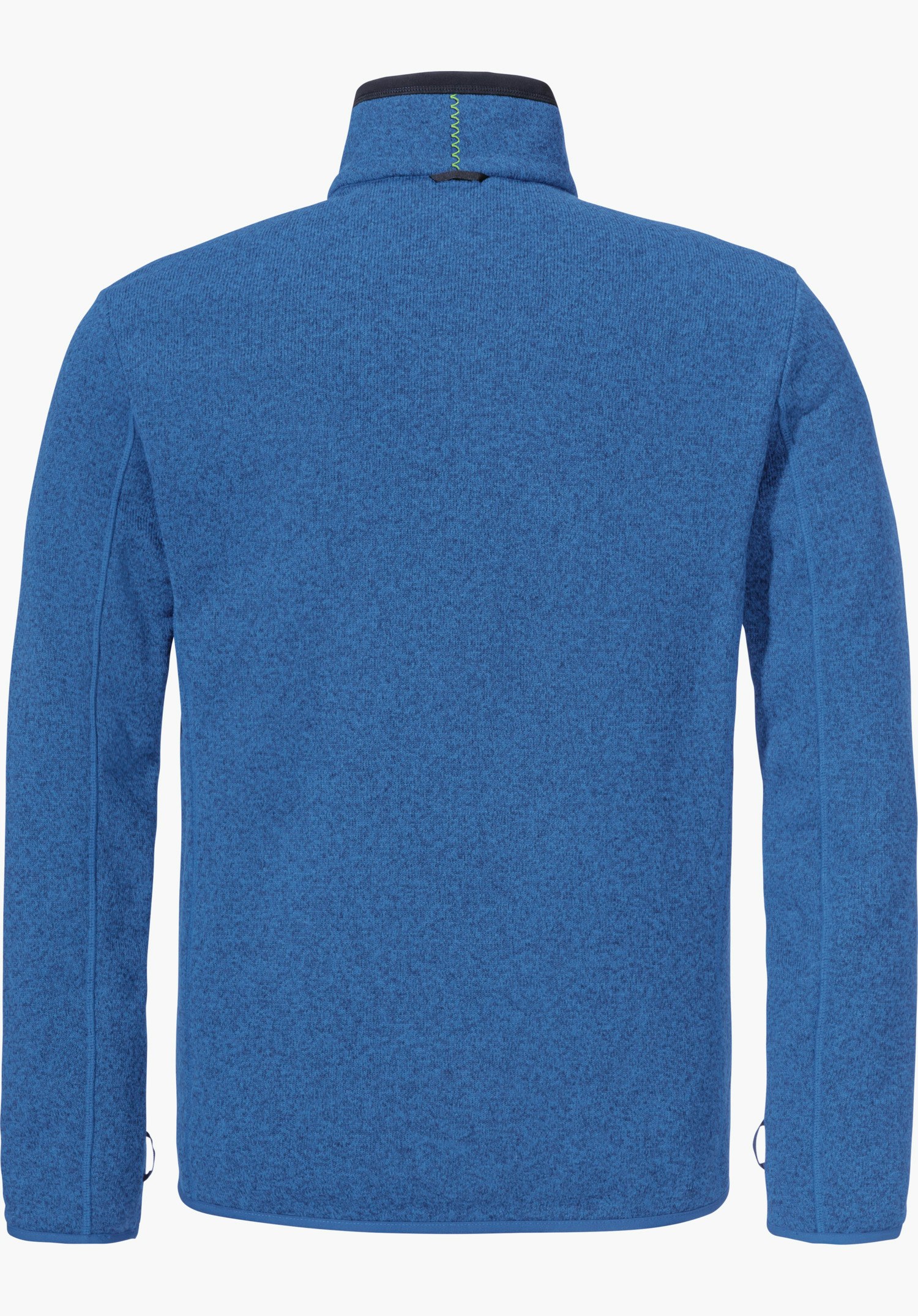 CIRC Fleece Jk Style Yew MNS Rückansicht einer blauen Fleecejacke, flach präsentiert; Nacken mit dunkelgrauem Besatz und hellgrüner Zickzacknaht; gleichmäßige Textur vor weißem Hintergrund.
