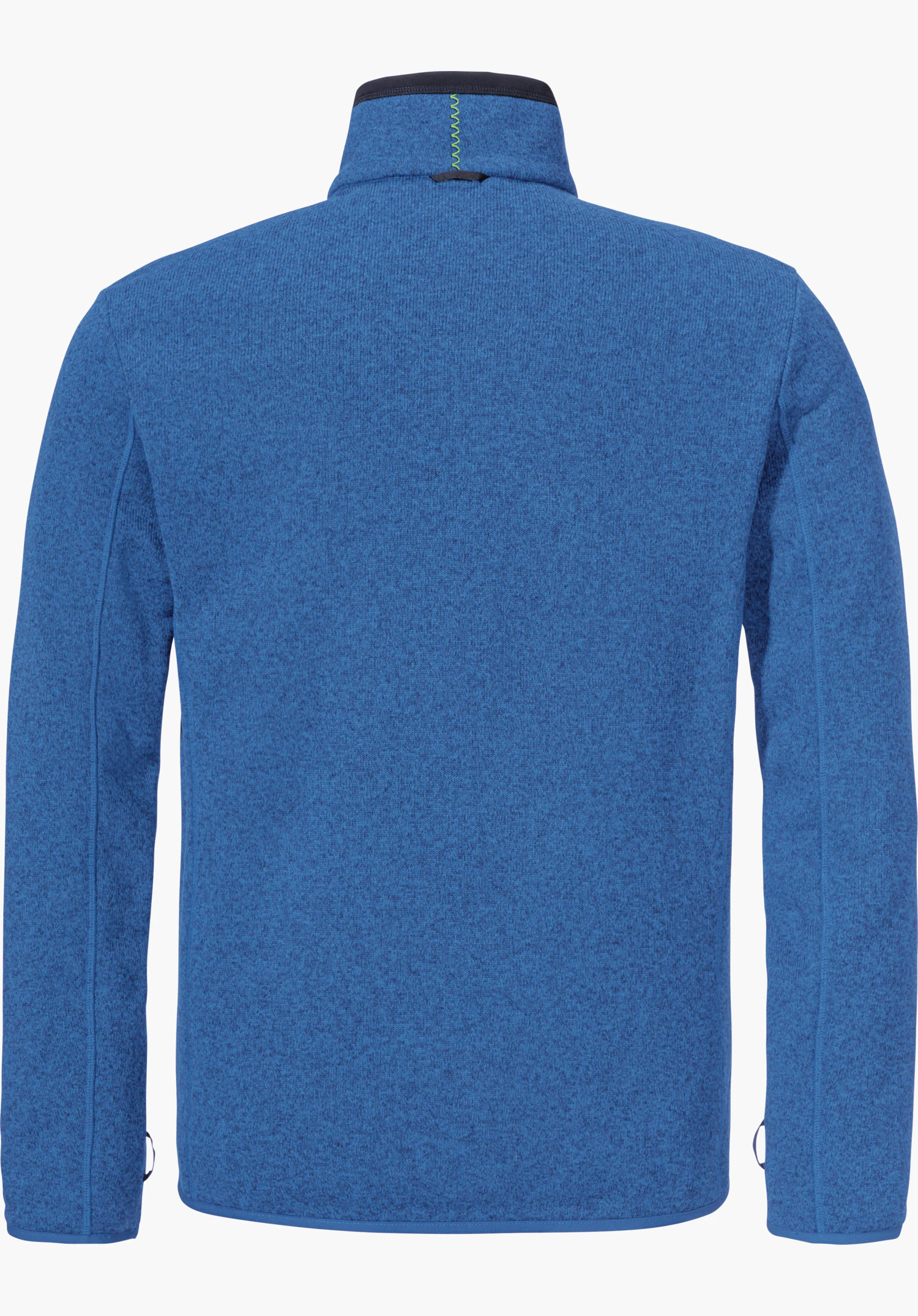 CIRC Fleece Jk Style Yew MNS rear view of a blue fleece jacket, presented flat; neckline with dark grey trim and light green zigzag stitching; even texture against a white background.