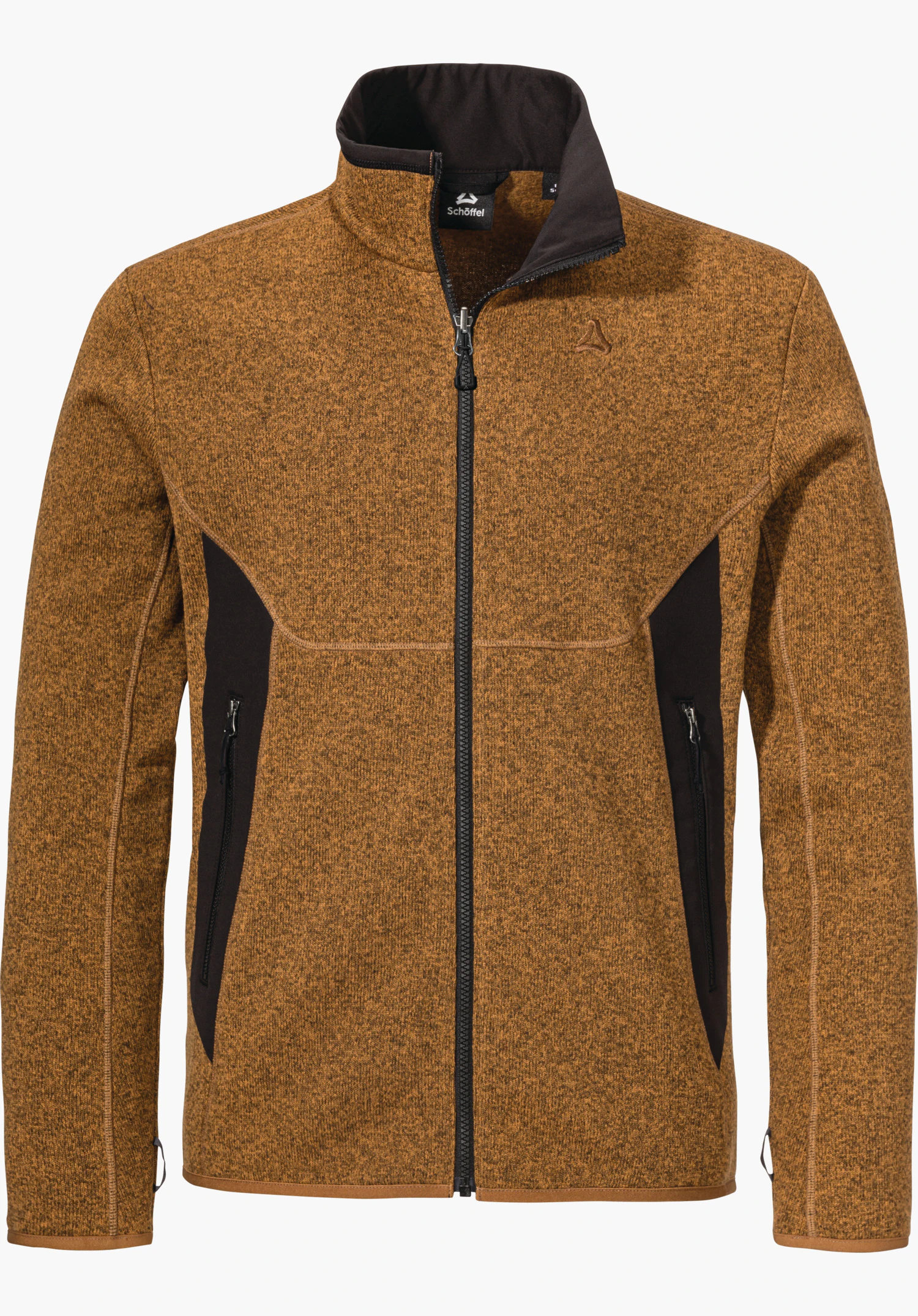 CIRC Fleece Jk Style Yew MNS Orange Fleecejacke mit durchgehendem Reißverschluss, schwarzen Seiteneinsätzen und Stehkragen, zwei seitliche Reißverschlusstaschen, frontal auf weißem Hintergrund. Schöffel-Logo auf linker Brust.