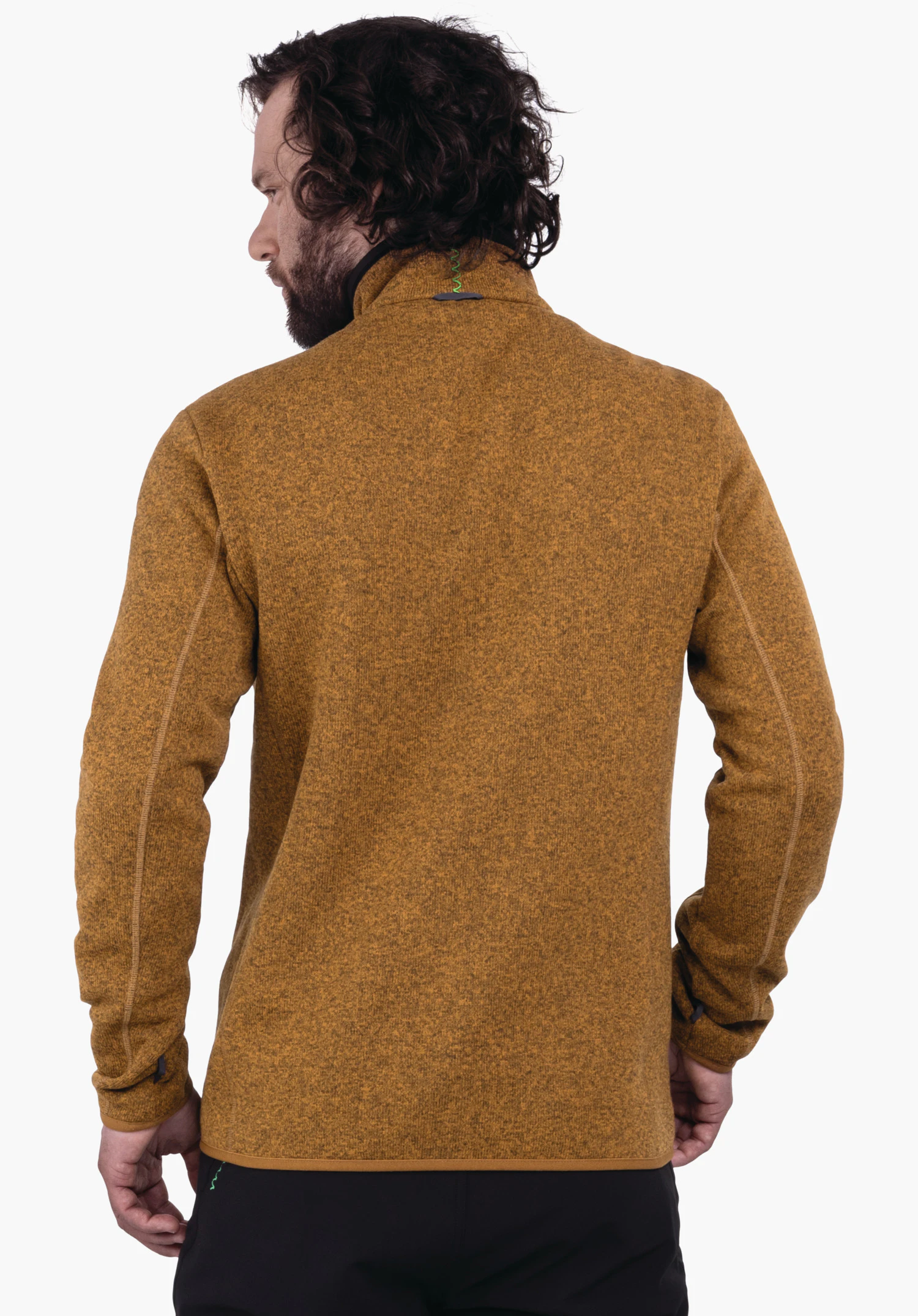 CIRC Fleece Jk Style Yew MNS dark yellow fleece jacket worn by a man standing with his back to the camera and looking left; white background; Schöffel logo at the collar.