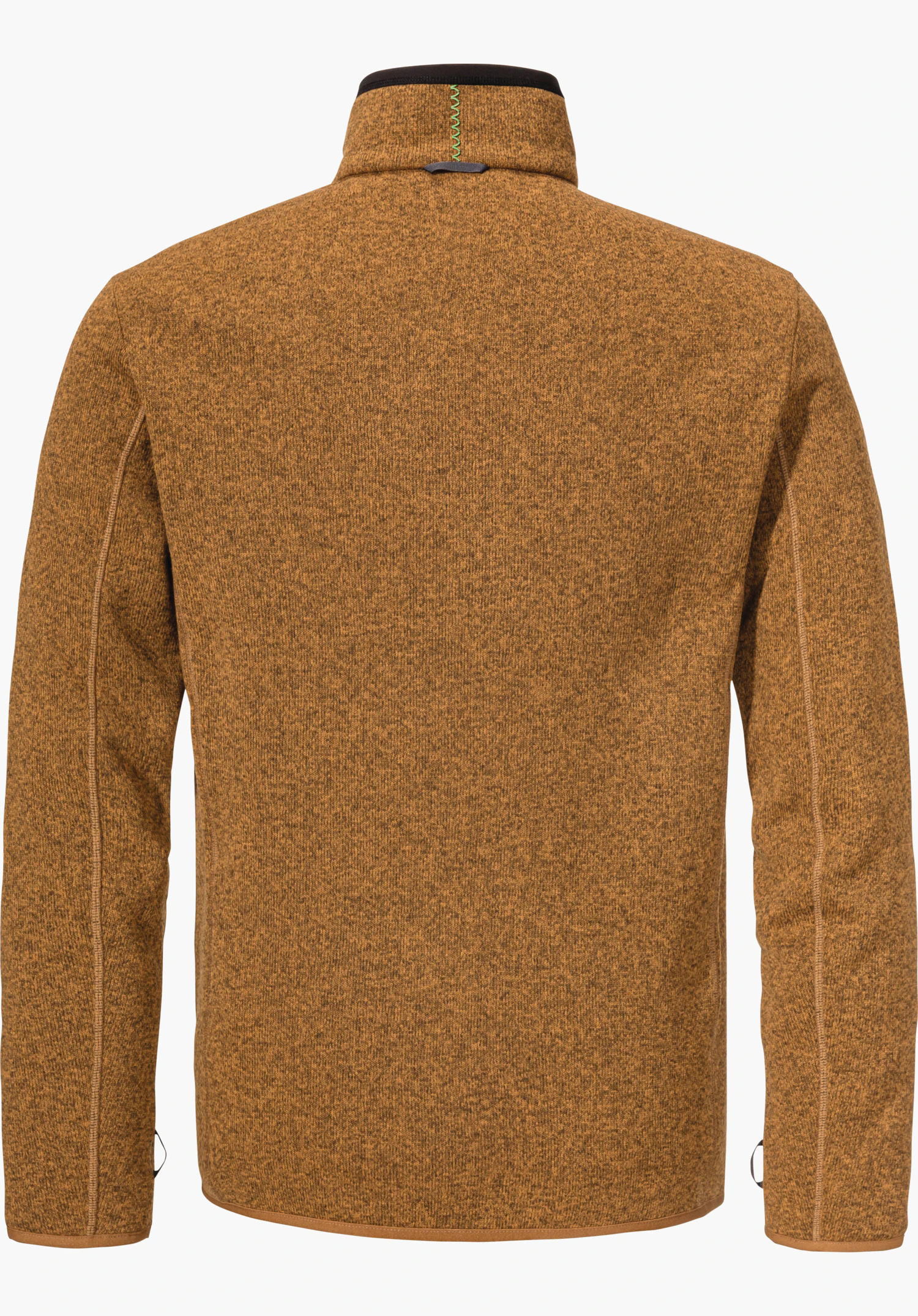 CIRC Fleece Jk Style Yew MNS light brown fleece jacket, rear view, laid flat; stand-up collar with green decorative stitch, long sleeves, smooth white background.