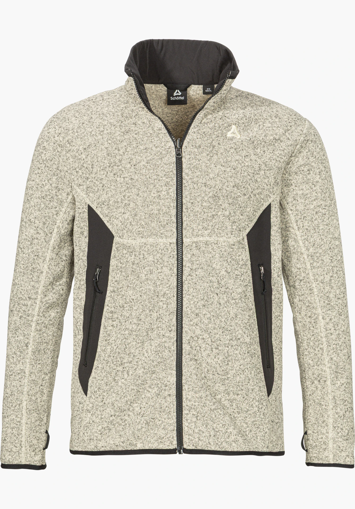 CIRC Fleece Jk Style Yew MNS in beige mit Frontreißverschluss, kontrastierenden schwarzen Einsätzen, hohem Kragen und Schöffel-Logo auf der Brust, freigestellt vor weißem Hintergrund.