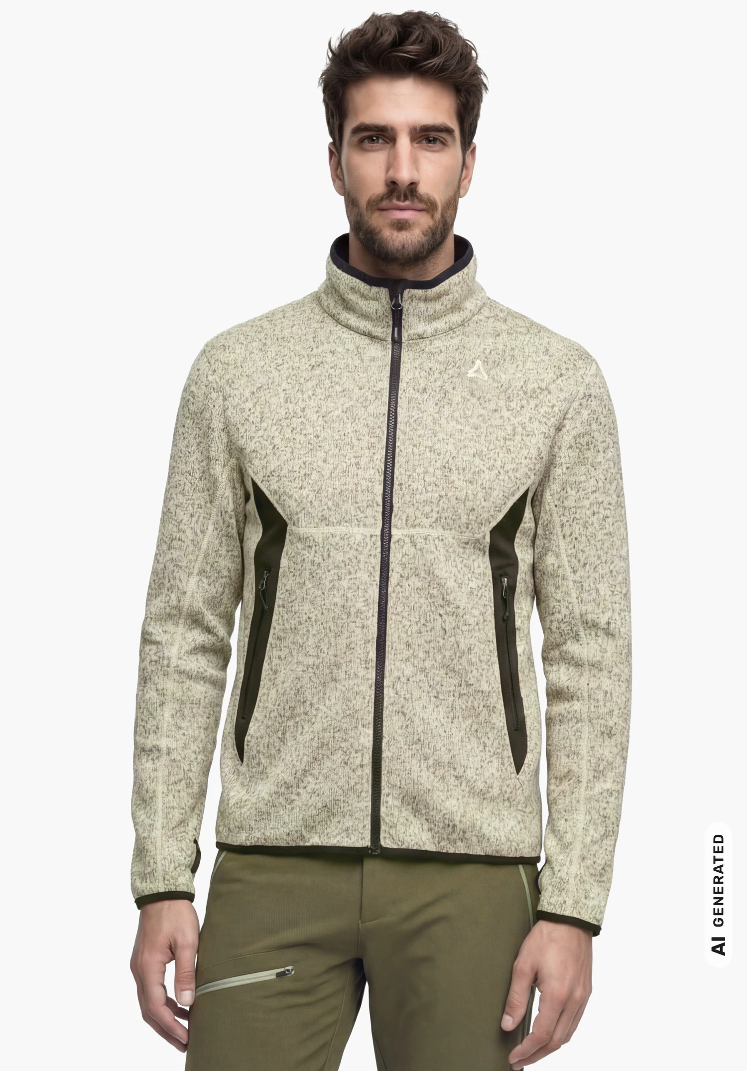 CIRC Fleece Jk Style Yew MNS in beige, mit Schöffel-Logo auf der Brust, getragen von einem männlichen Model im aufrechten Stand in Frontansicht vor weißem Hintergrund. (KI-generiert)