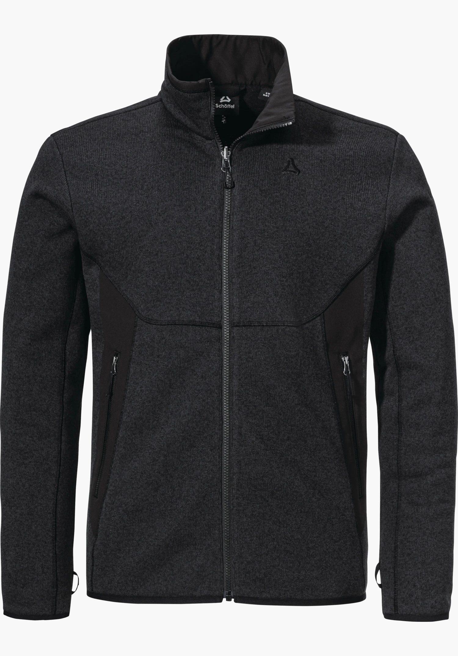 CIRC Fleece Jk Style Yew MNS Dunkelgraue Jacke mit durchgehendem Reißverschluss, geschlossen, Stehkragen; schwarze Seiteneinsätze; Schöffel-Logo auf linker Brust, zwei seitliche Reißverschlusstaschen, freigestellt vor weißem Hintergrund.