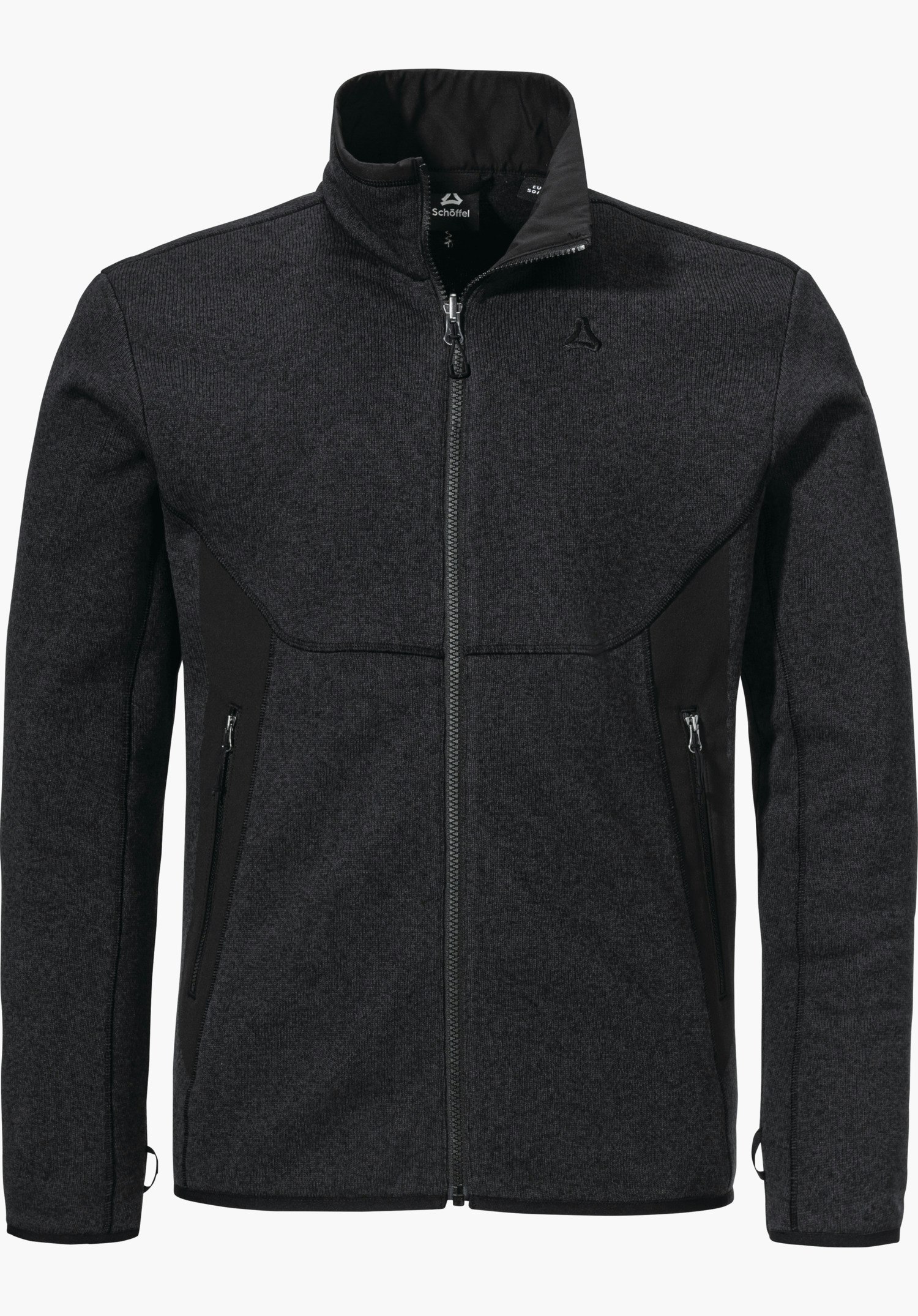 CIRC Fleece Jk Style Yew MNS Dunkelgraue Jacke mit durchgehendem Reißverschluss, geschlossen, Stehkragen; schwarze Seiteneinsätze; Schöffel-Logo auf linker Brust, zwei seitliche Reißverschlusstaschen, freigestellt vor weißem Hintergrund.