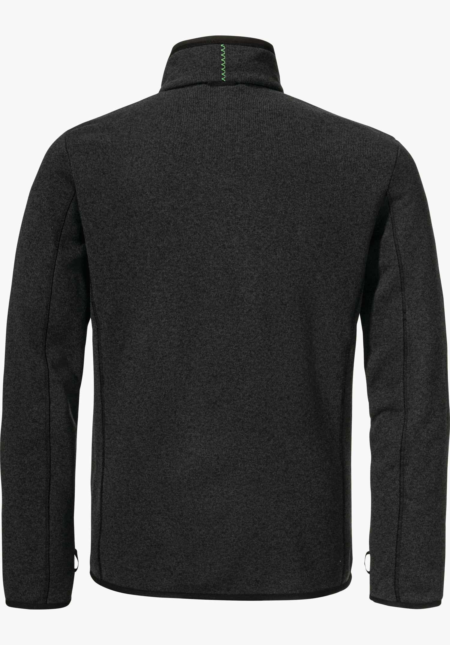 CIRC Fleece Jk Style Yew MNS schwarze Fleece Jacke, Rückansicht; wird flach präsentiert, mit hochstehendem Kragen und hellgrünem Zickzack-Nahtdetail, lange Ärmel und dezente Nahtlinien vor weißem Hintergrund.